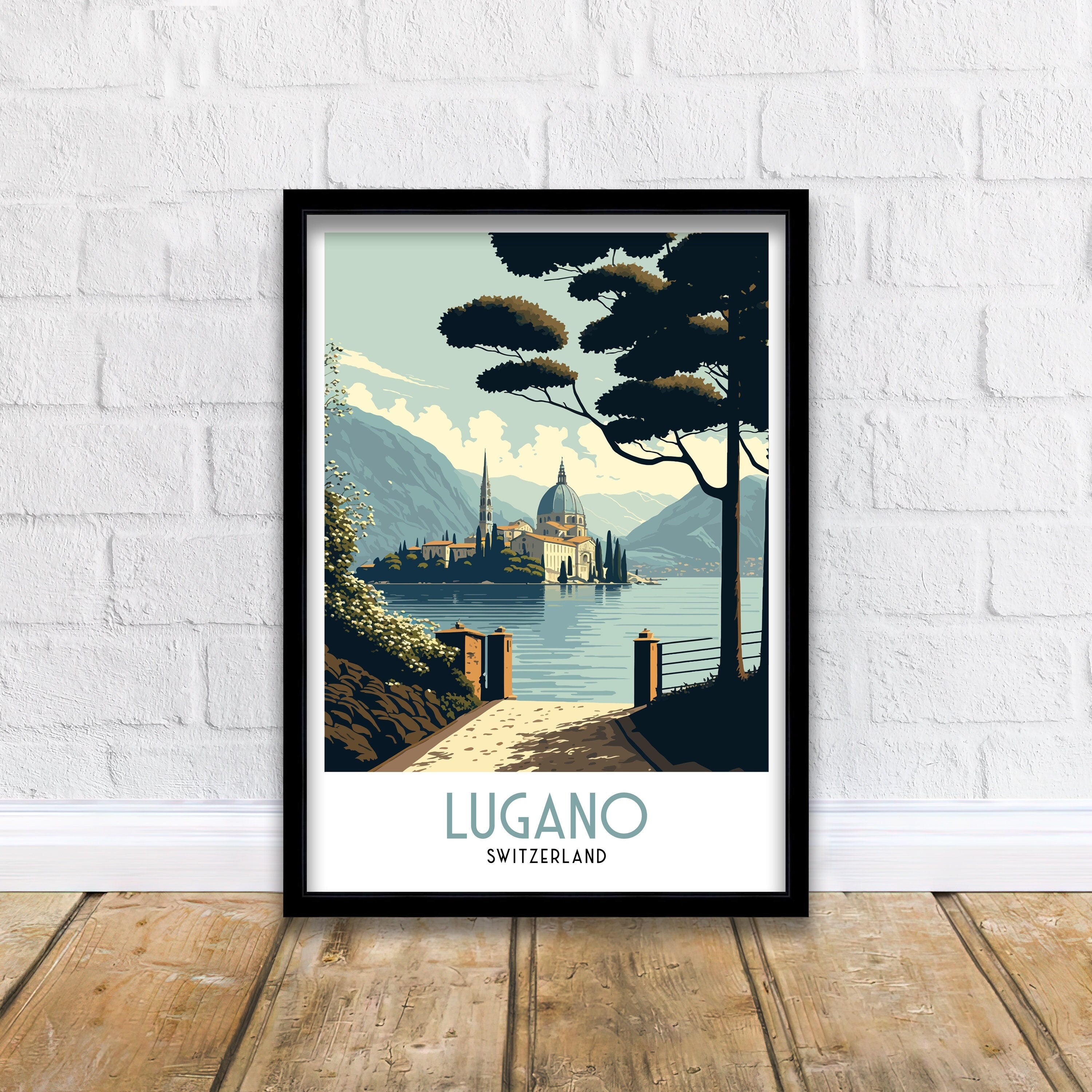 Lugano Switzerland Travel Poster | Swiss Alps Lake Art Print