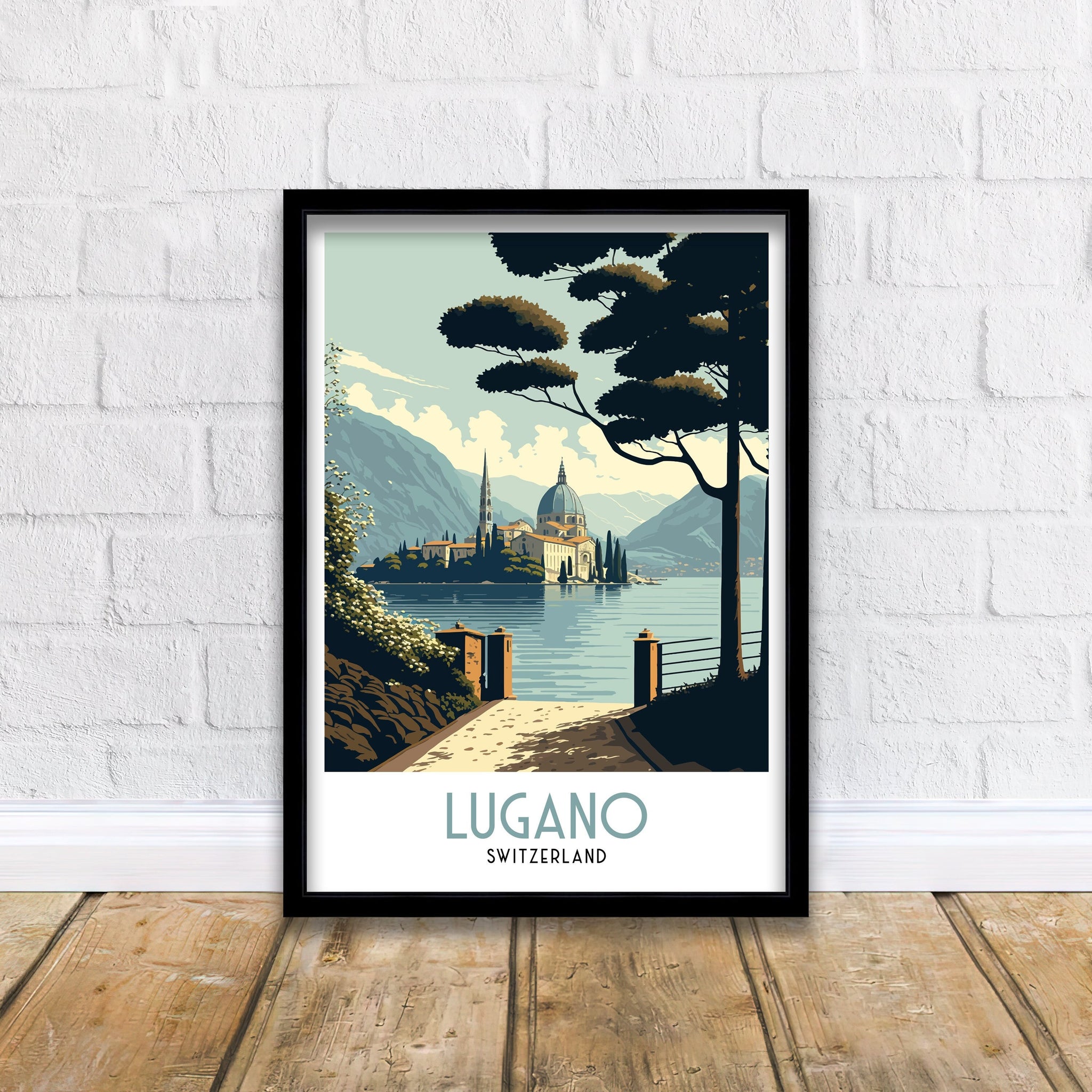 Lugano Switzerland Travel Poster | Swiss Alps Lake Art Print