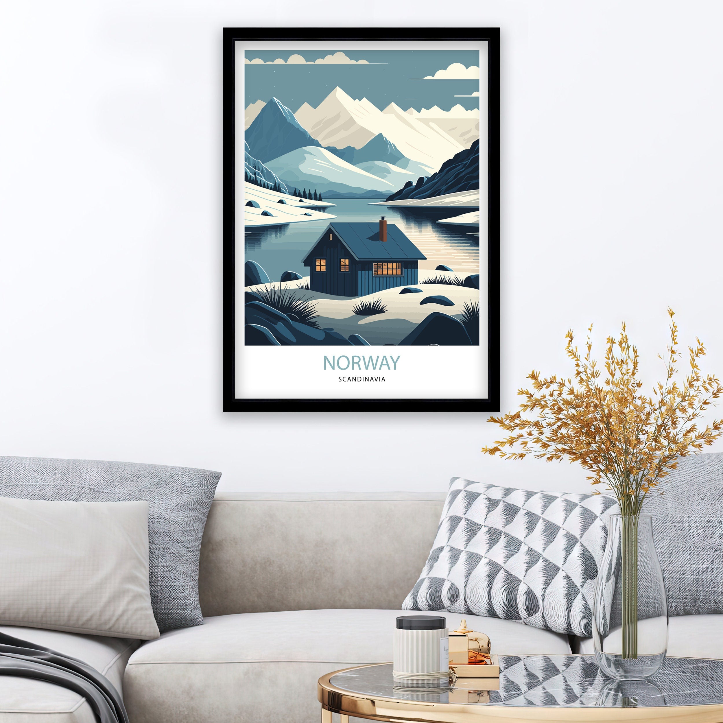 Winter Norway Travel Poster | Scandinavian Mountain Art Print