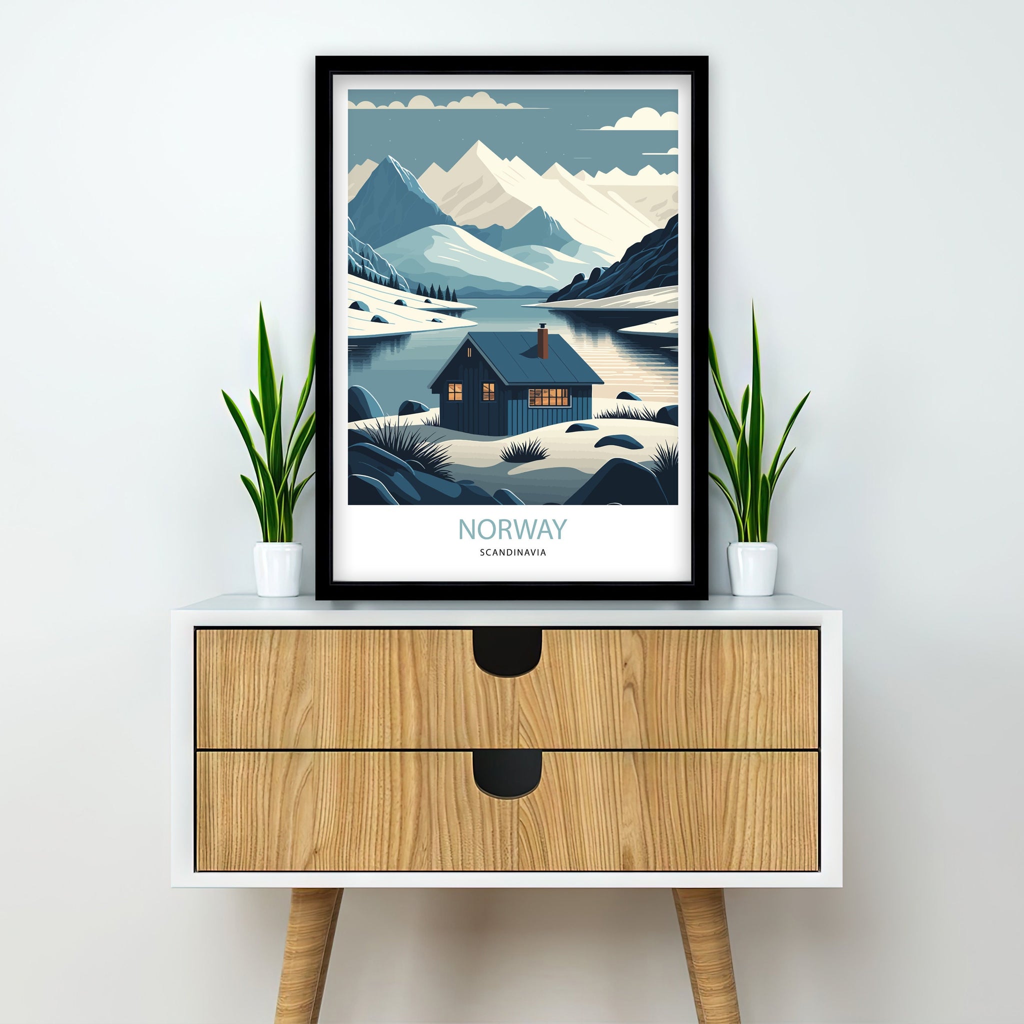 Winter Norway Travel Poster | Scandinavian Mountain Art Print