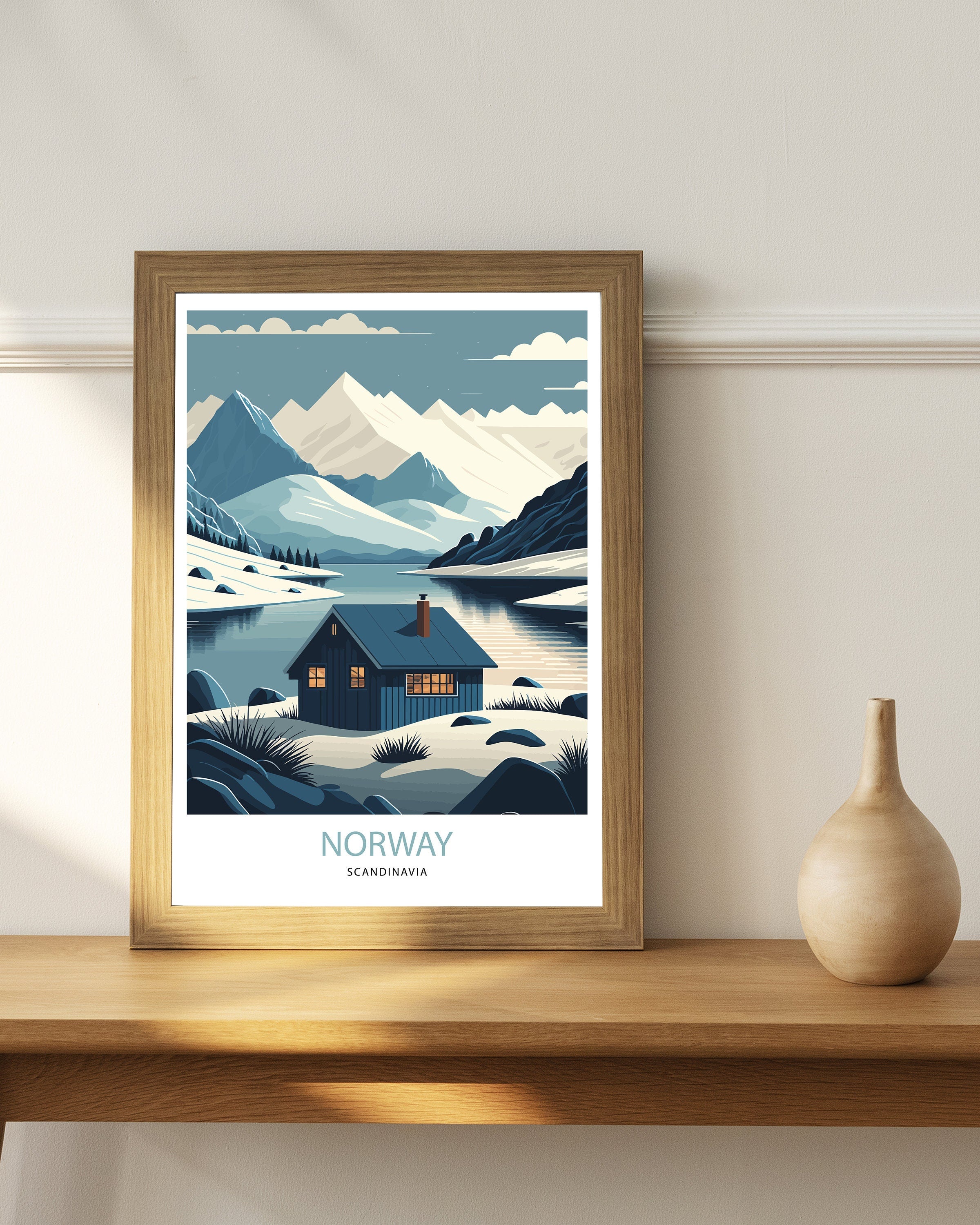 Winter Norway Travel Poster | Scandinavian Mountain Art Print
