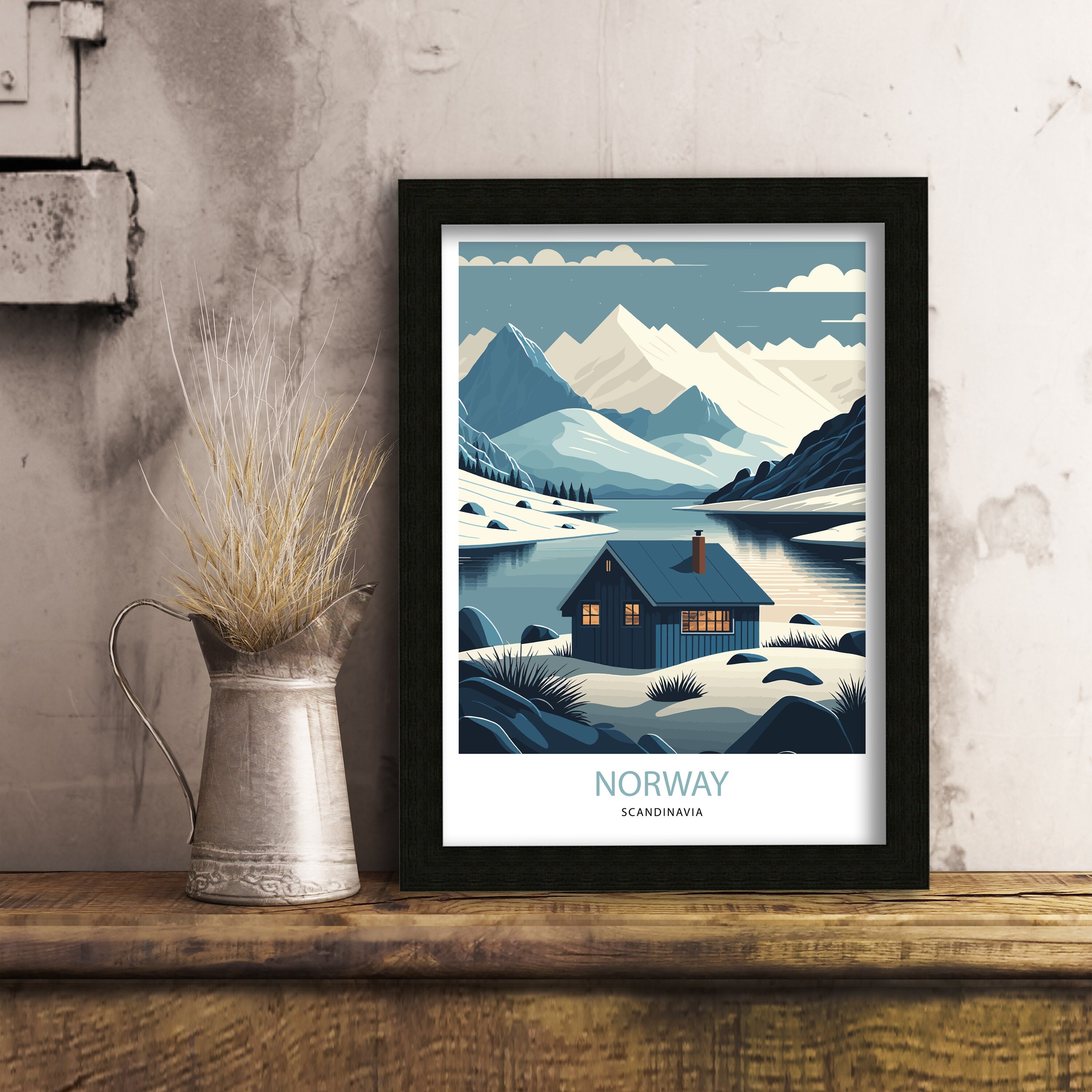 Winter Norway Travel Poster | Scandinavian Mountain Art Print