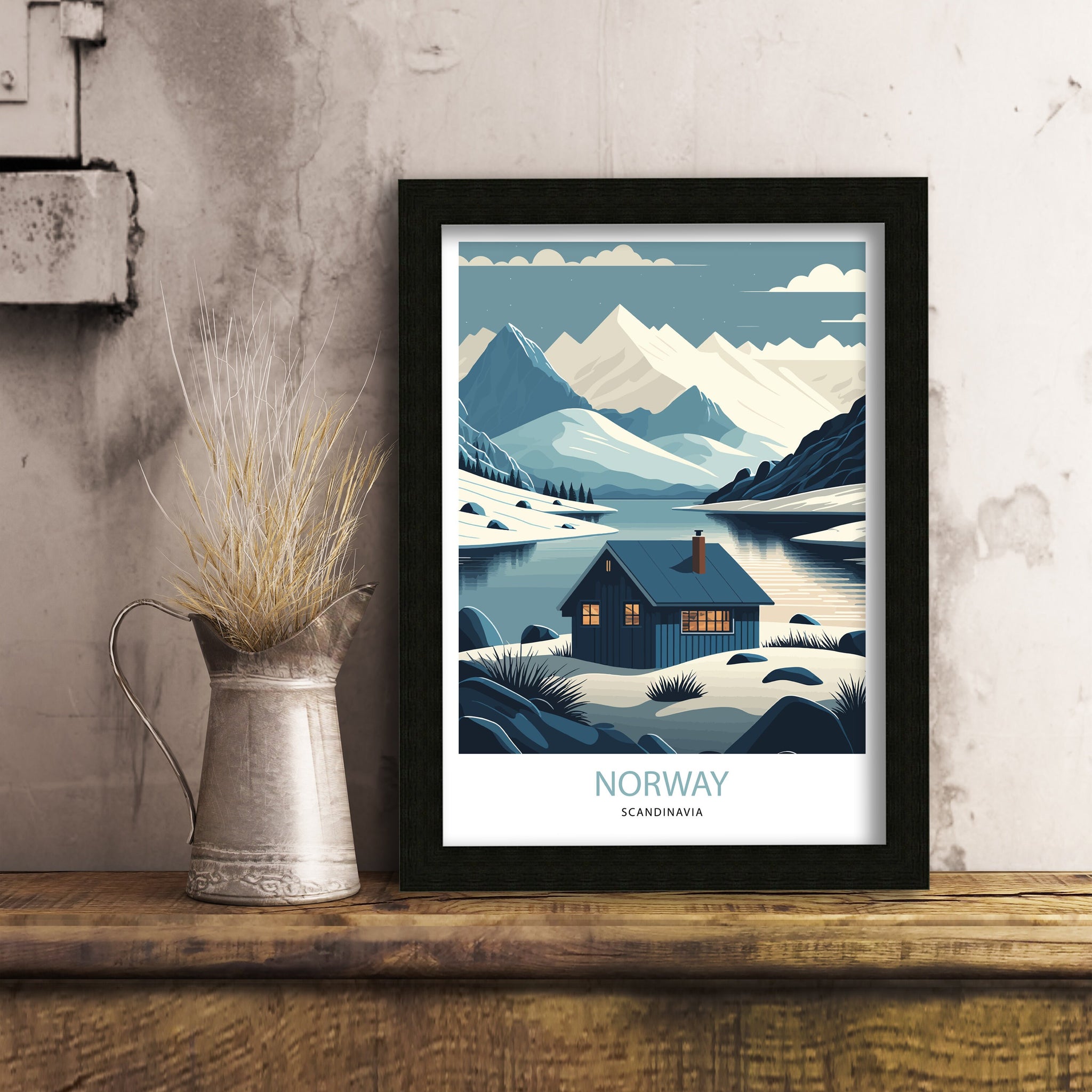 Winter Norway Travel Poster | Scandinavian Mountain Art Print