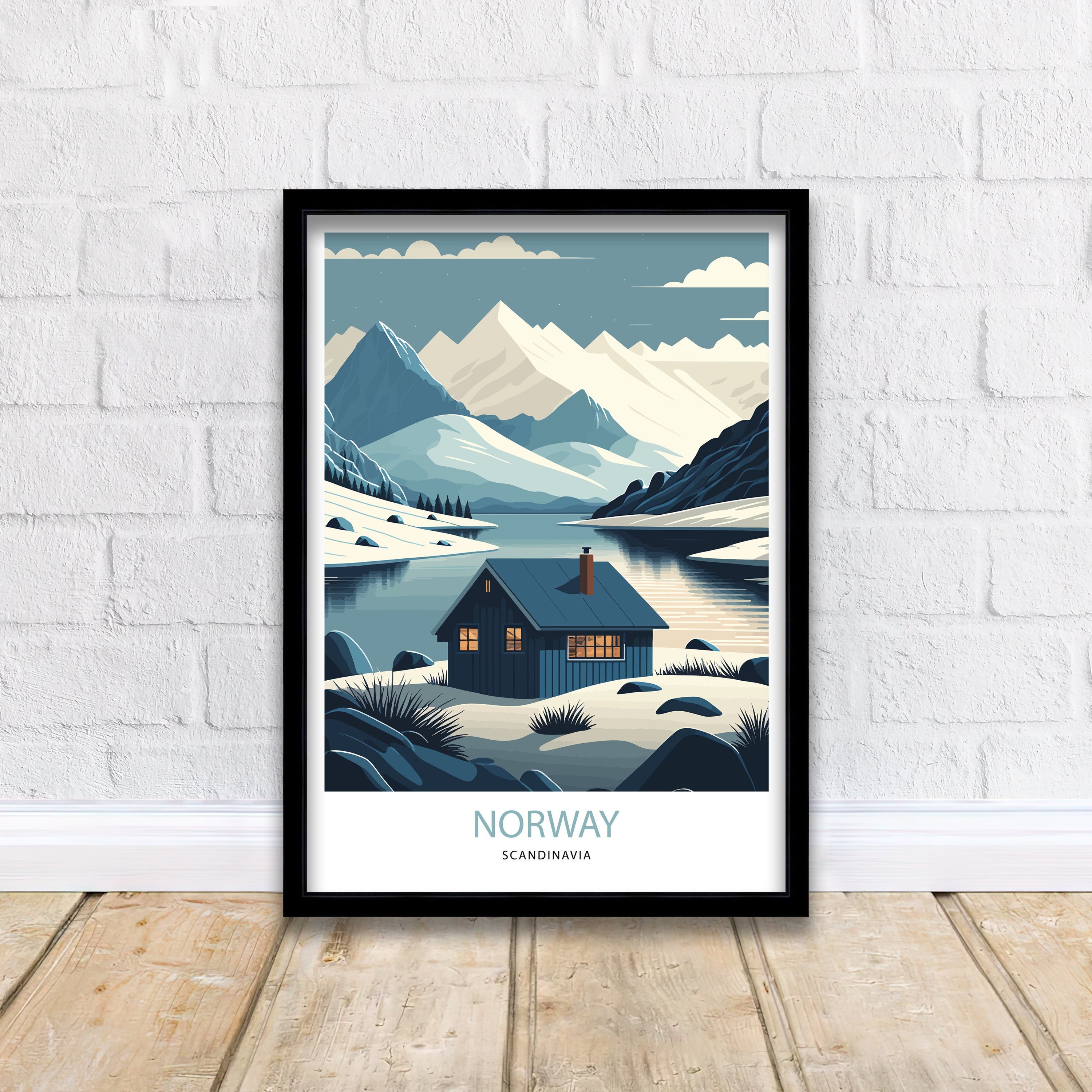 Winter Norway Travel Poster | Scandinavian Mountain Art Print