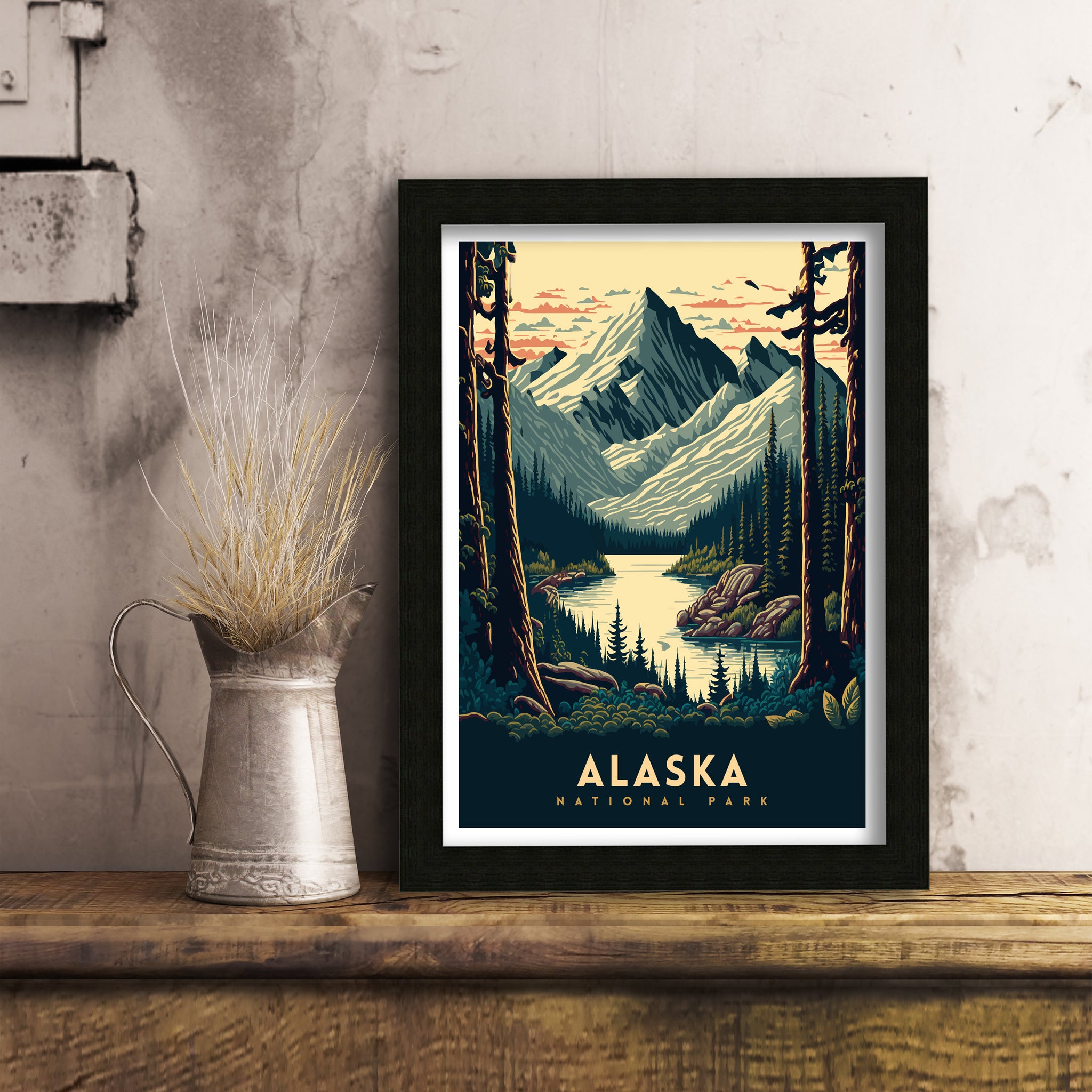 Alaska National Park Travel Poster | Mountain Lake Art Print