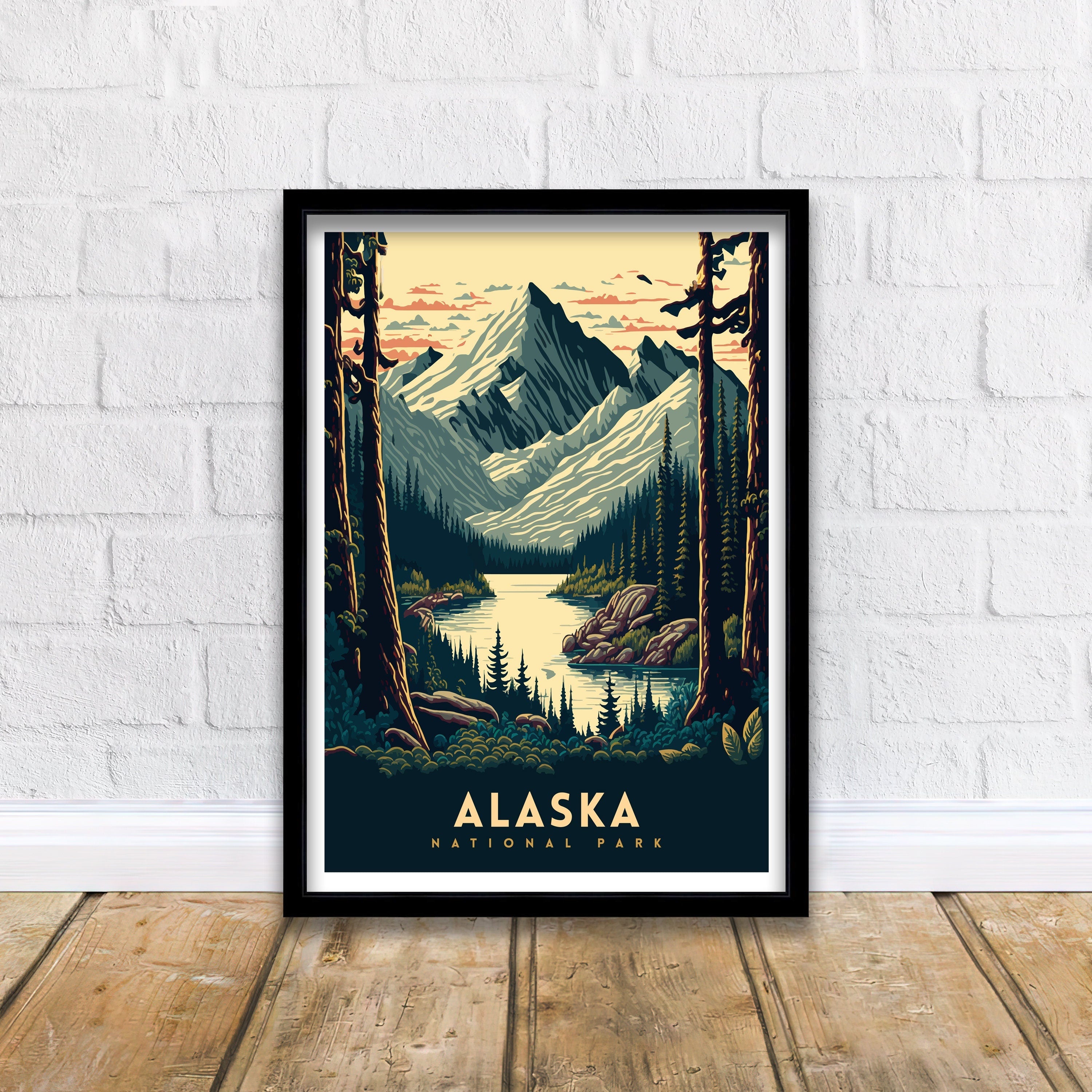 Alaska National Park Travel Poster | Mountain Lake Art Print