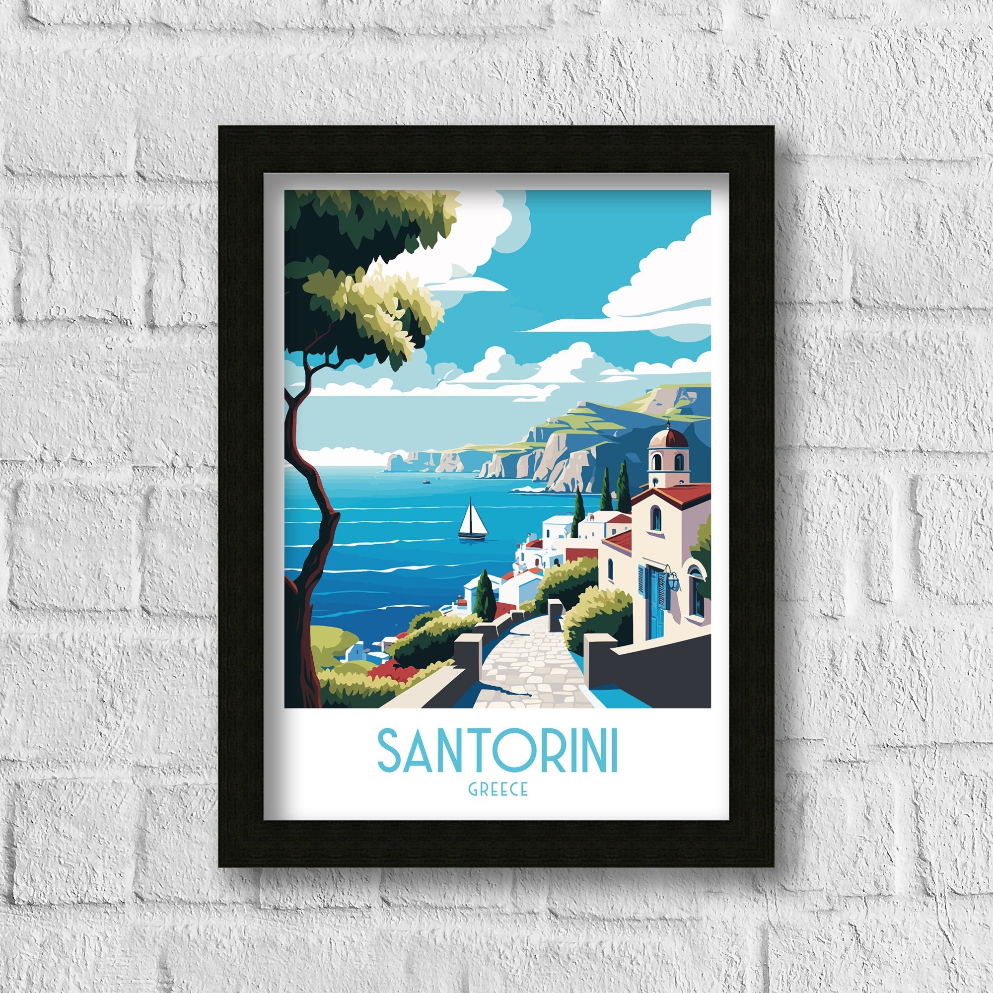 Santorini Greece Travel Poster, Mediterranean Art Print