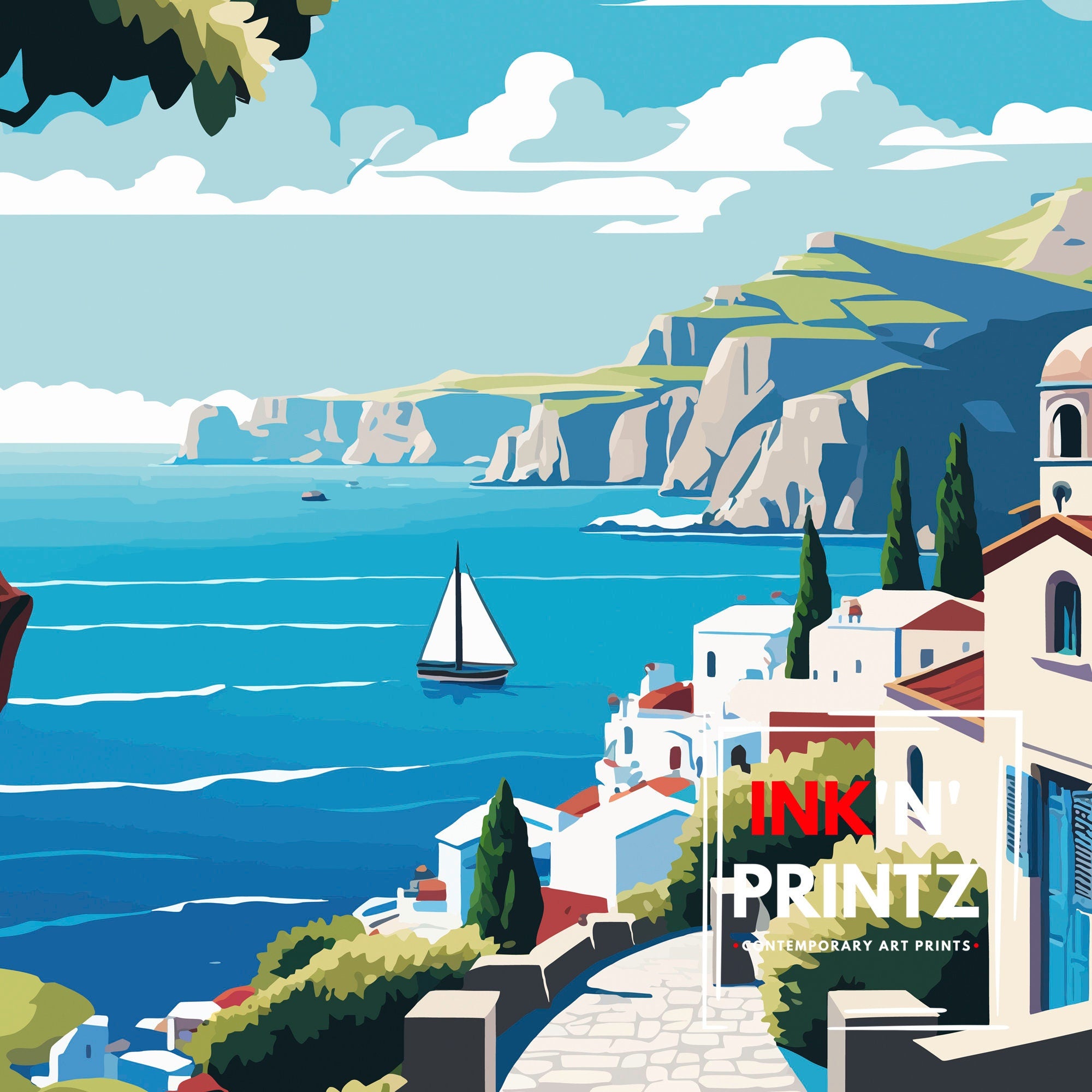 Santorini Greece Travel Poster, Mediterranean Art Print