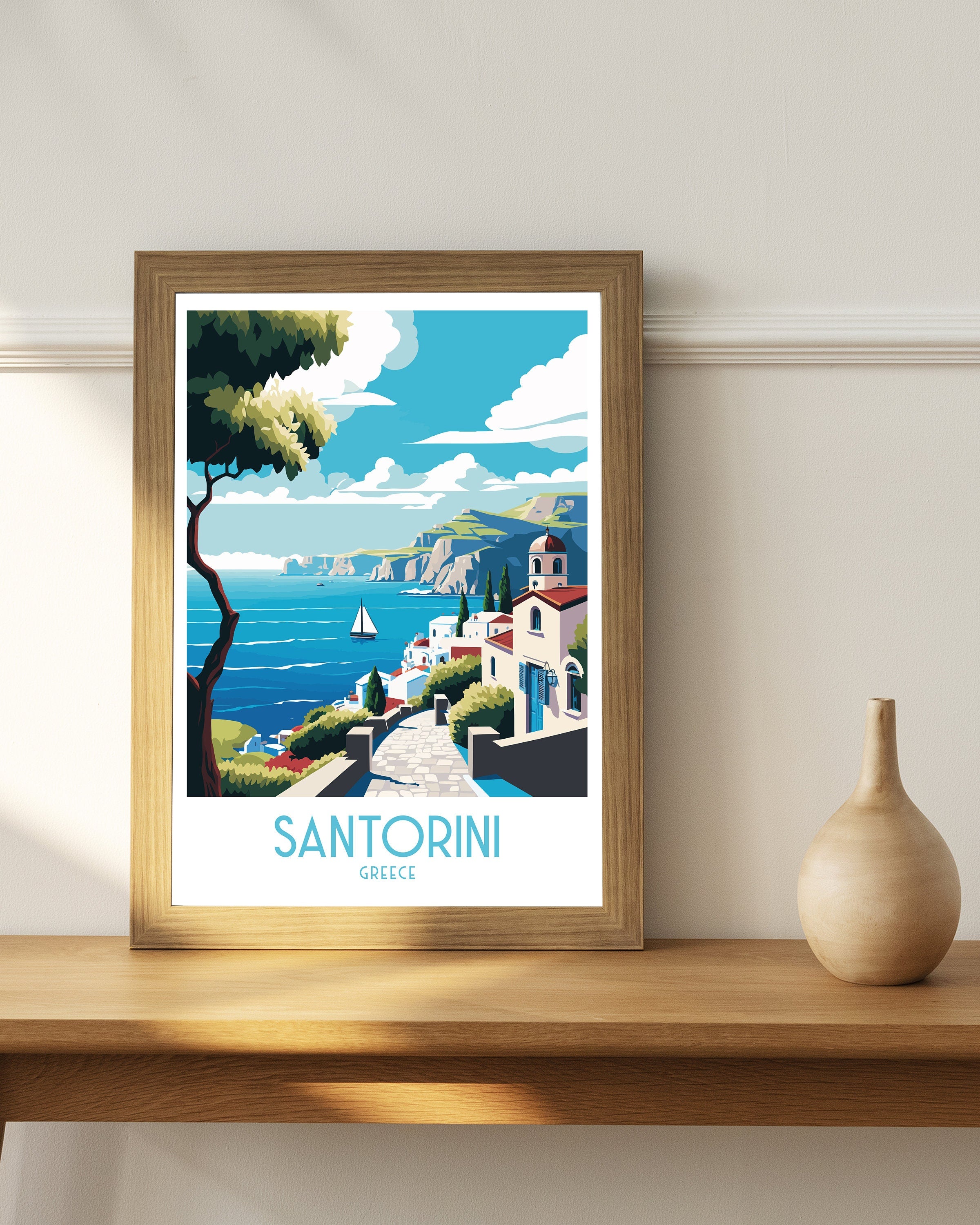 Santorini Greece Travel Poster, Mediterranean Art Print