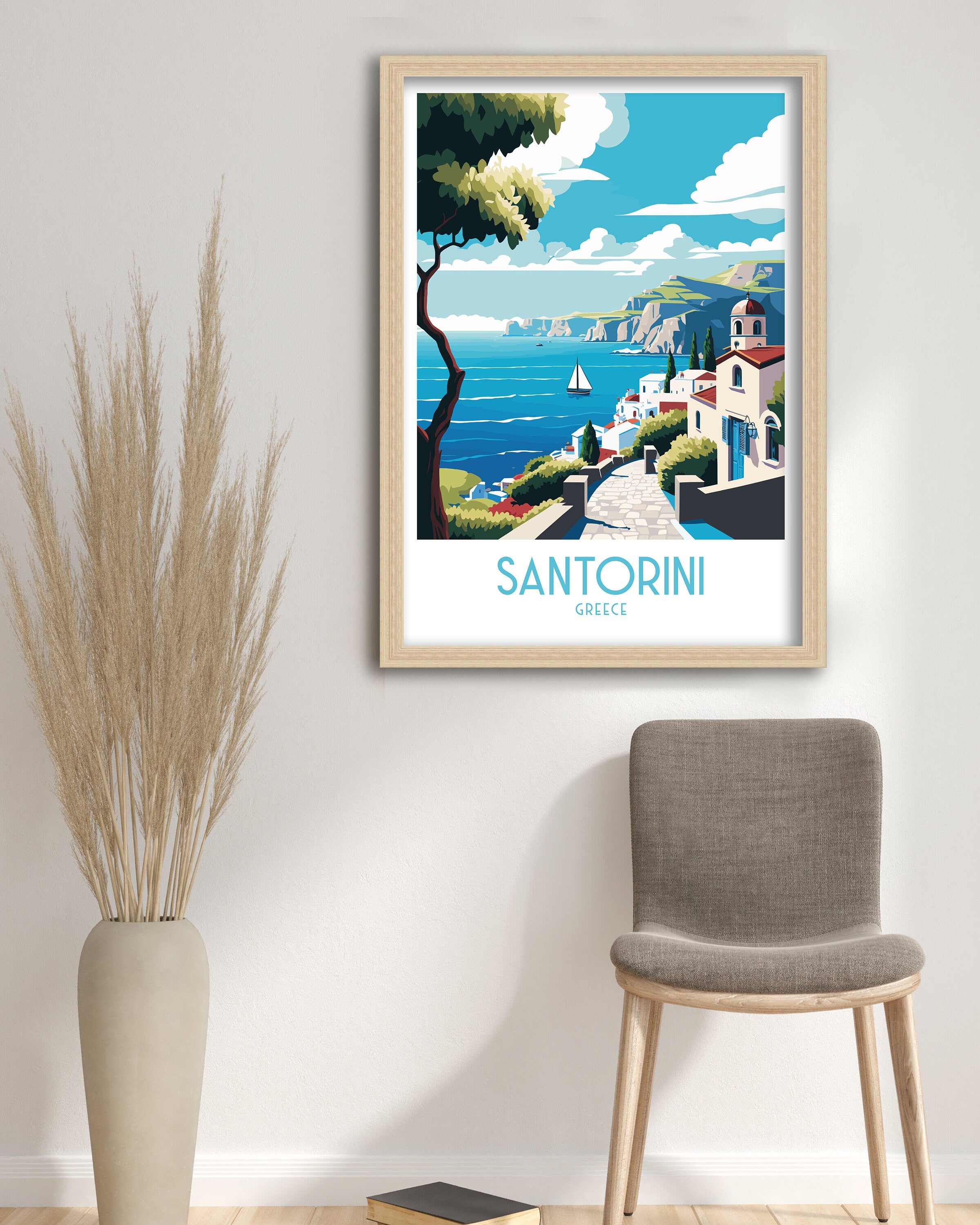 Santorini Greece Travel Poster, Mediterranean Art Print