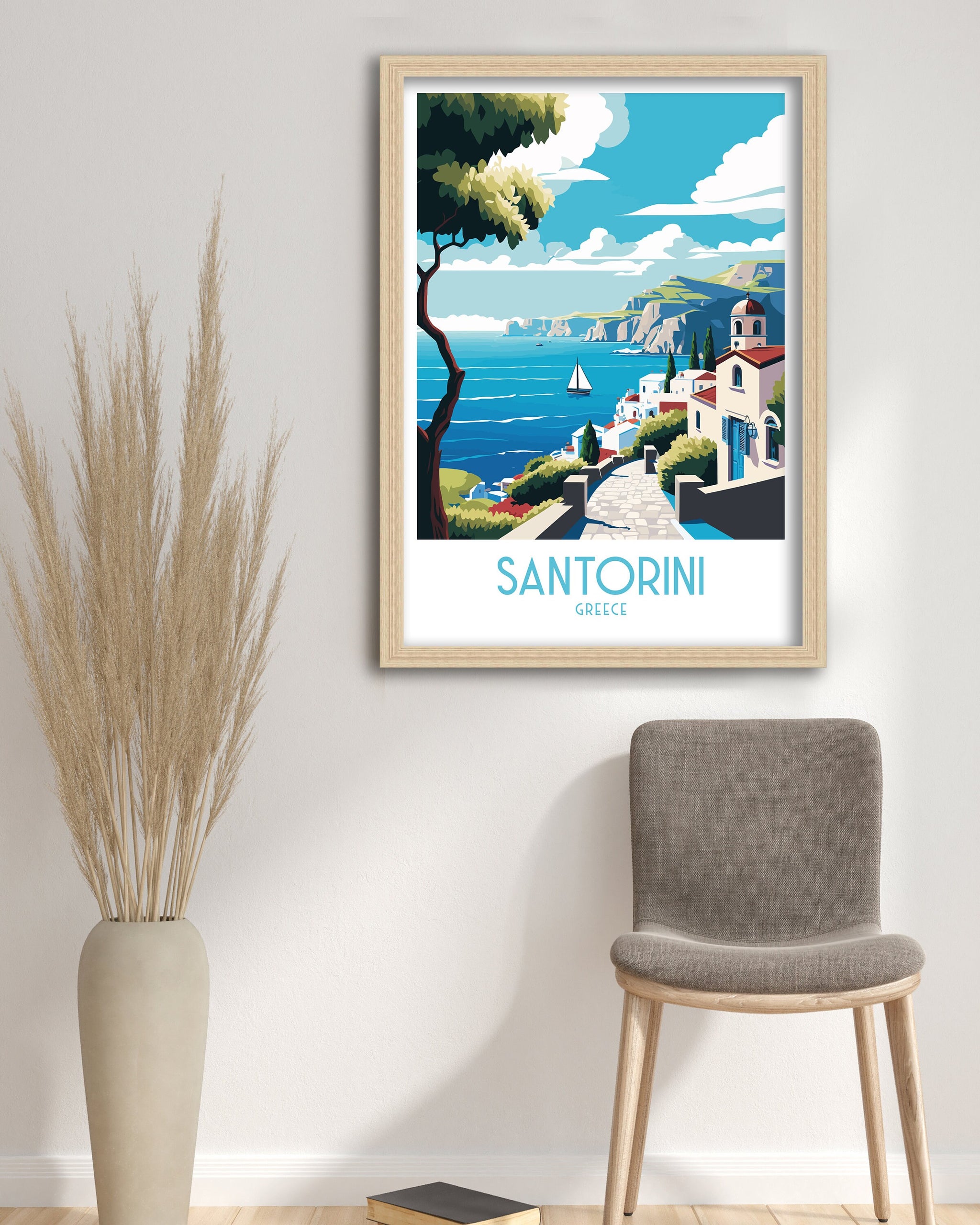 Santorini Greece Travel Poster, Mediterranean Art Print