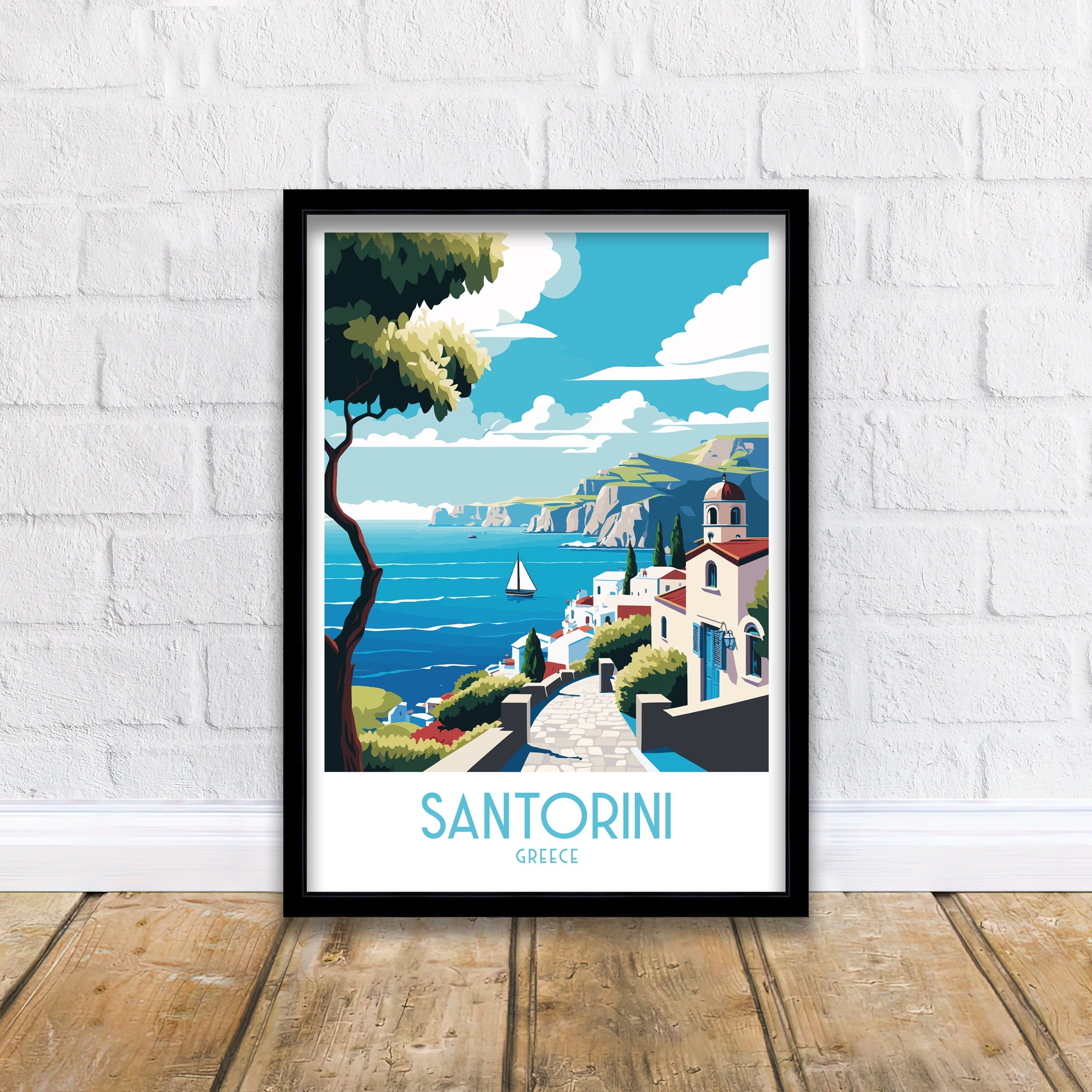 Santorini Greece Travel Poster, Mediterranean Art Print