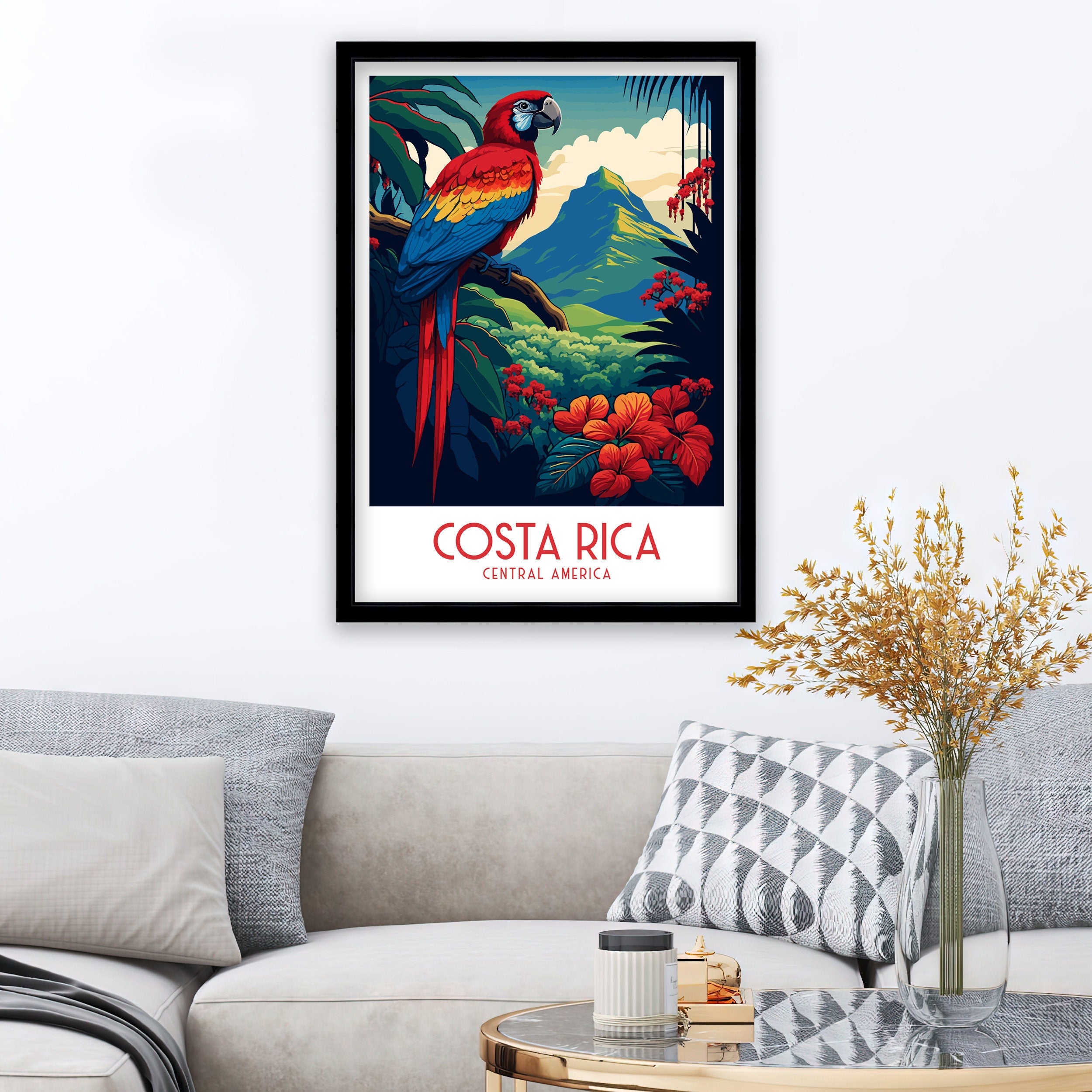 Costa Rica Travel Poster | Tropical Parrot, Rainforest Art Print
