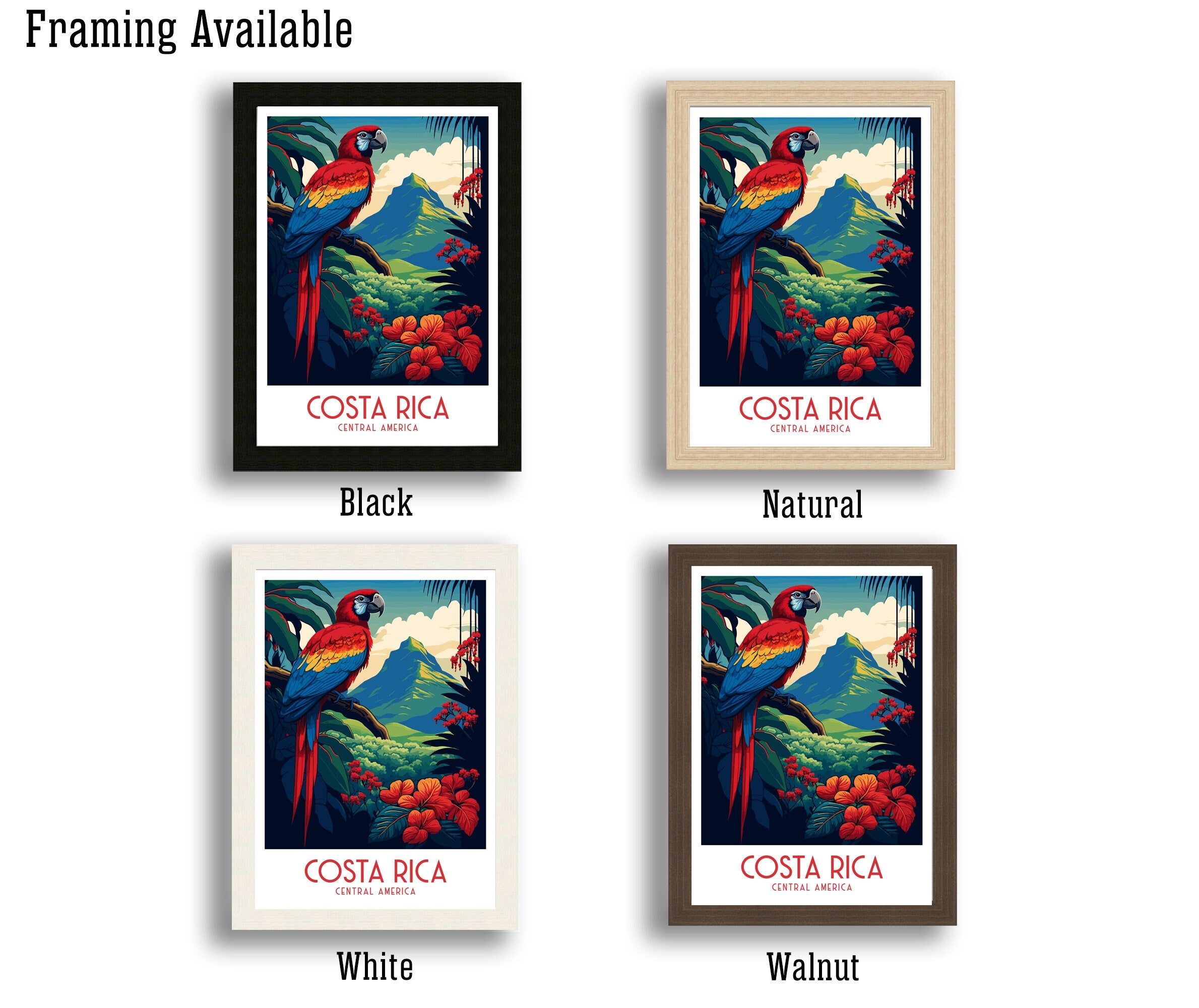 Costa Rica Travel Poster | Tropical Parrot, Rainforest Art Print
