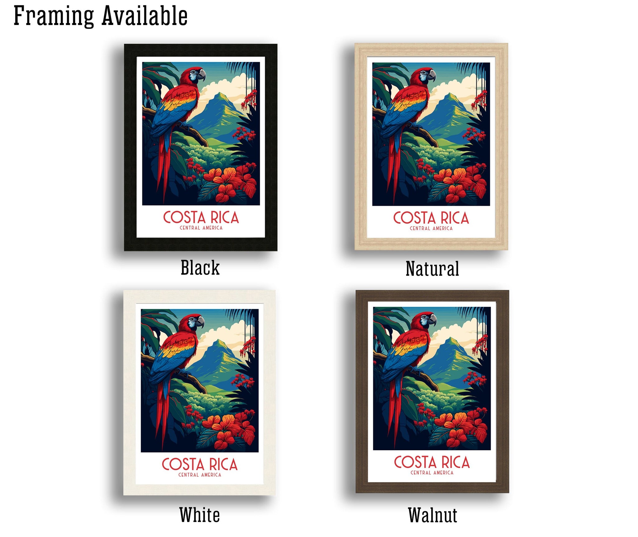 Costa Rica Travel Poster | Tropical Parrot, Rainforest Art Print
