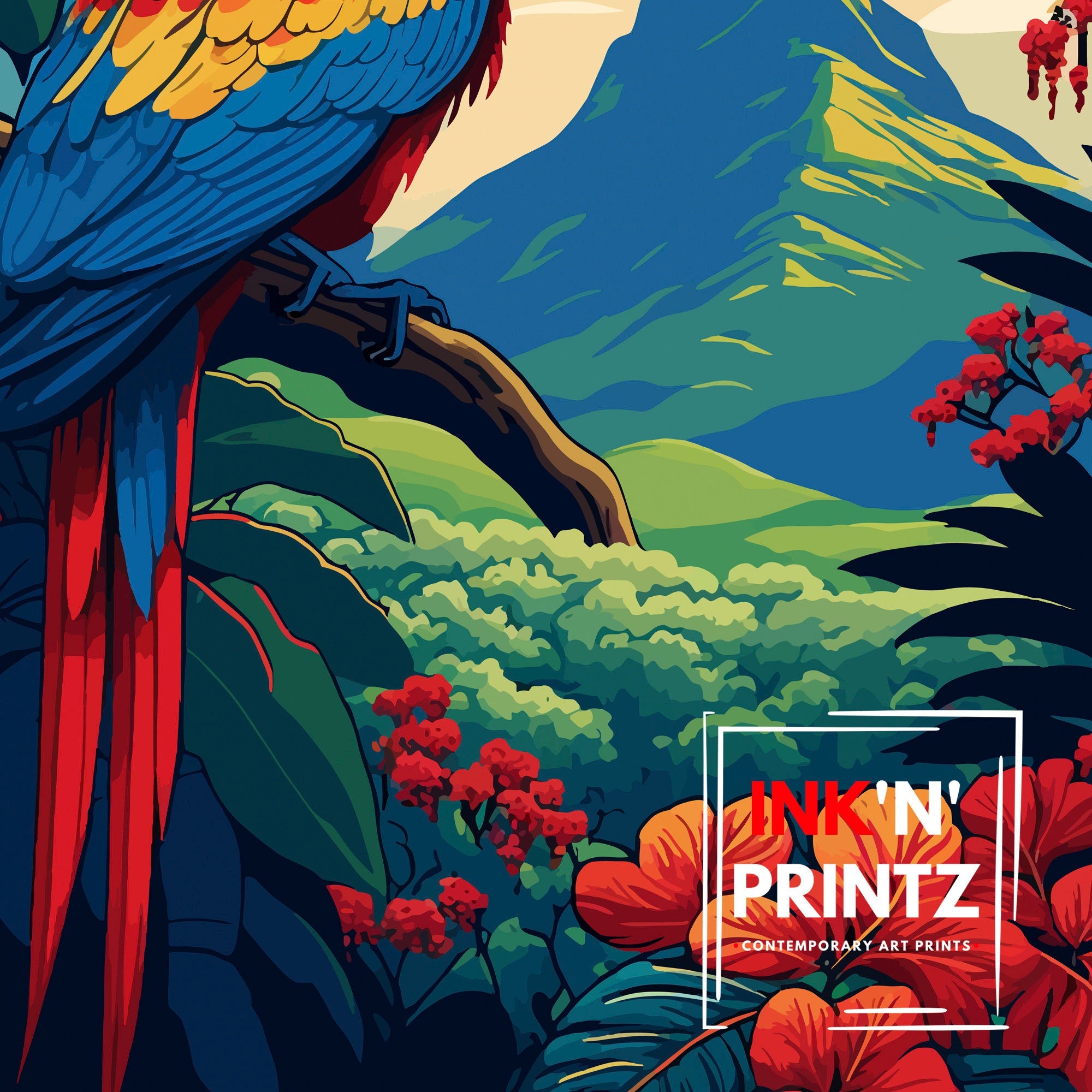 Costa Rica Travel Poster | Tropical Parrot, Rainforest Art Print