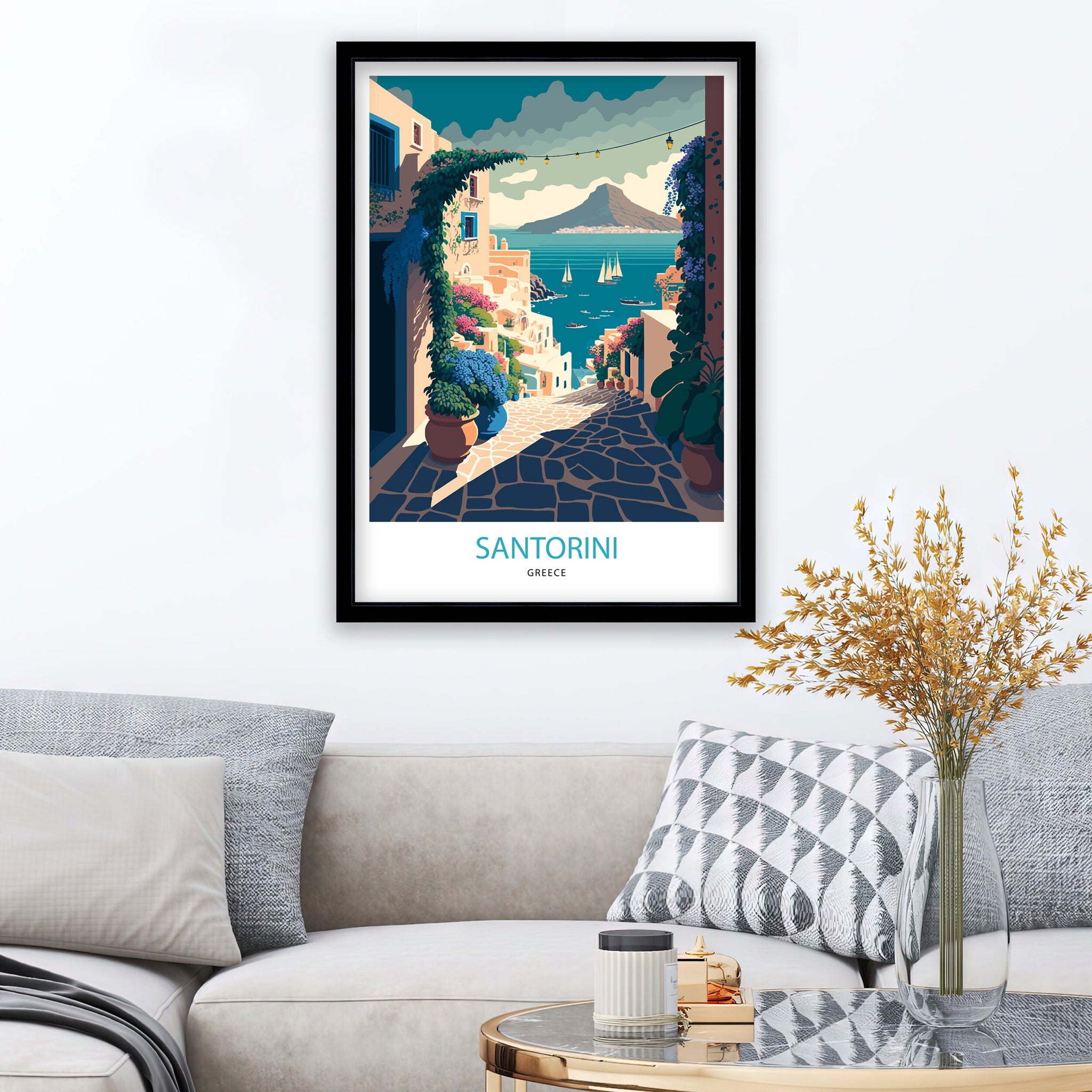 Santorini Greece Travel Poster, Mediterranean Wall Art