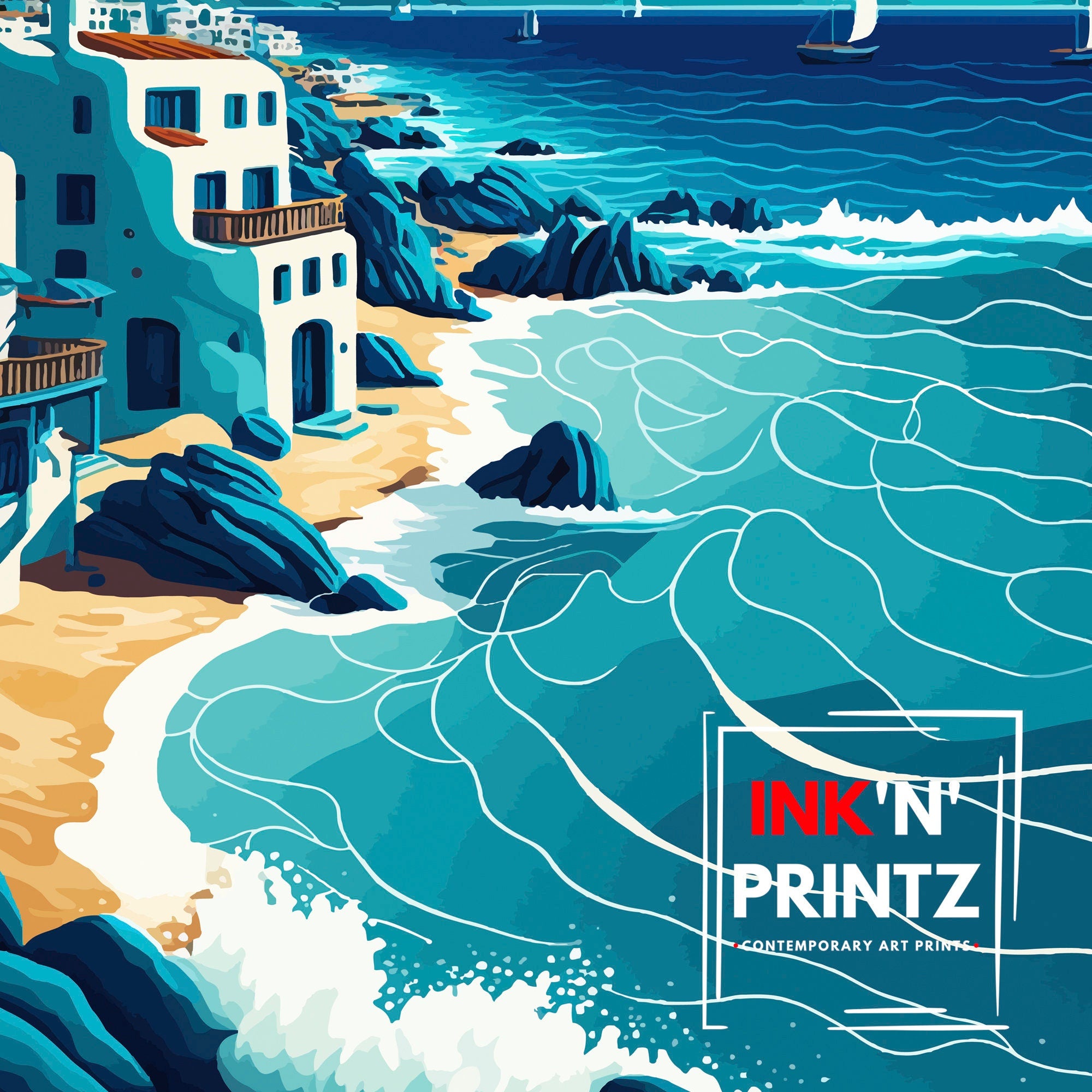 Mykonos Coastal Art Print | Vibrant Greece Travel Poster