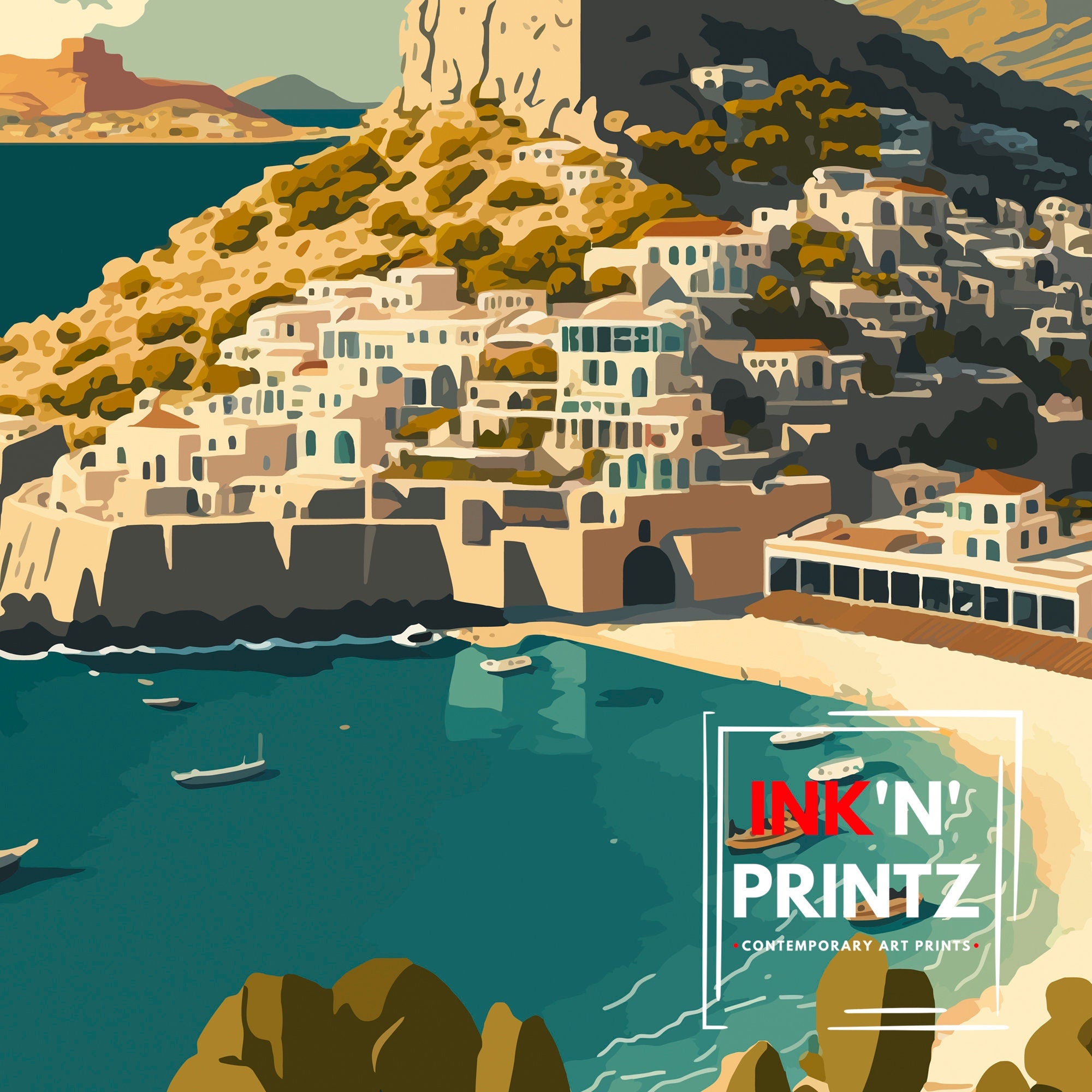 Lindos Greece Travel Poster | Rhodes Island Wall Art