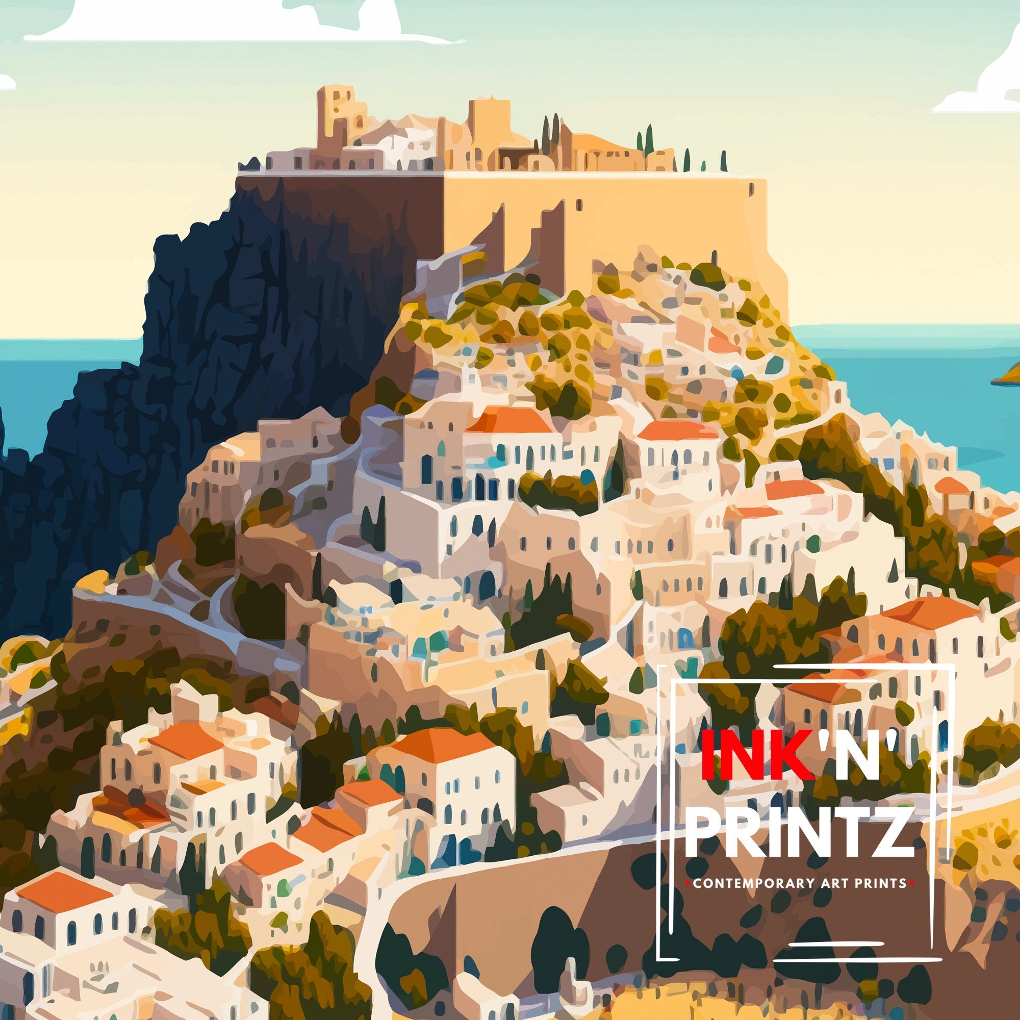 Lindos Greece Travel Poster | Rhodes Island Art Print