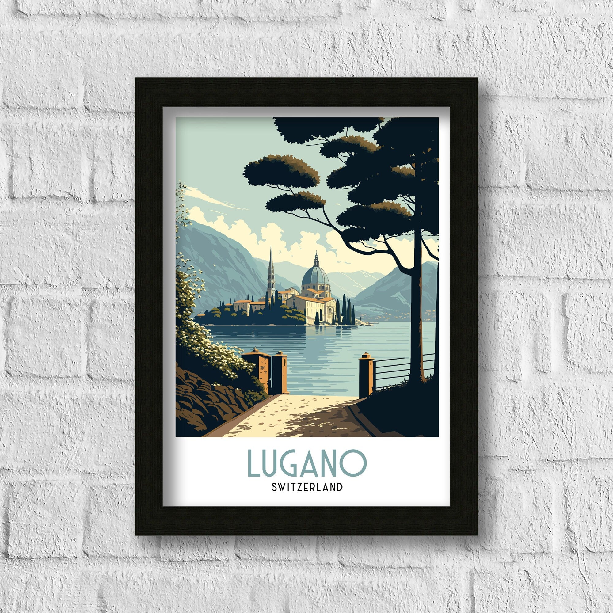Lugano Switzerland Travel Poster | Swiss Alps Lake Art Print