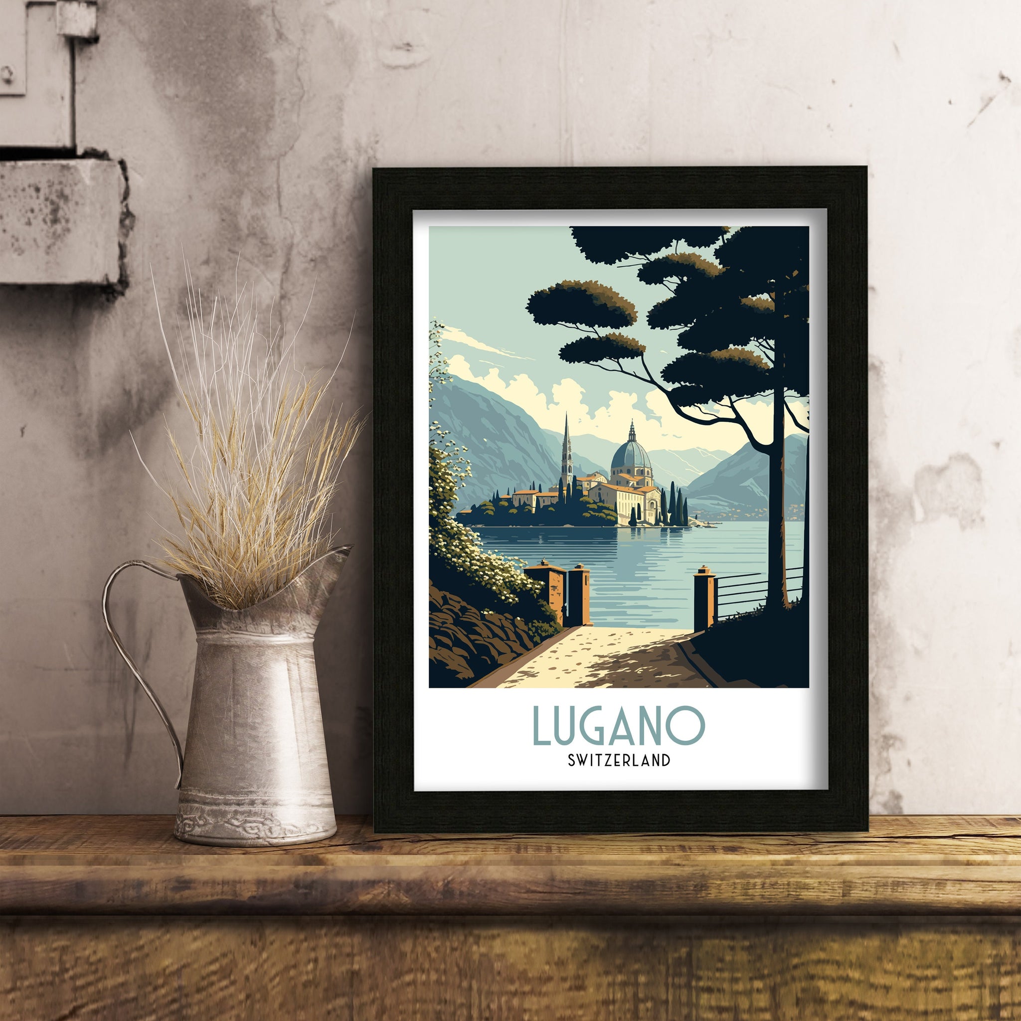 Lugano Switzerland Travel Poster | Swiss Alps Lake Art Print