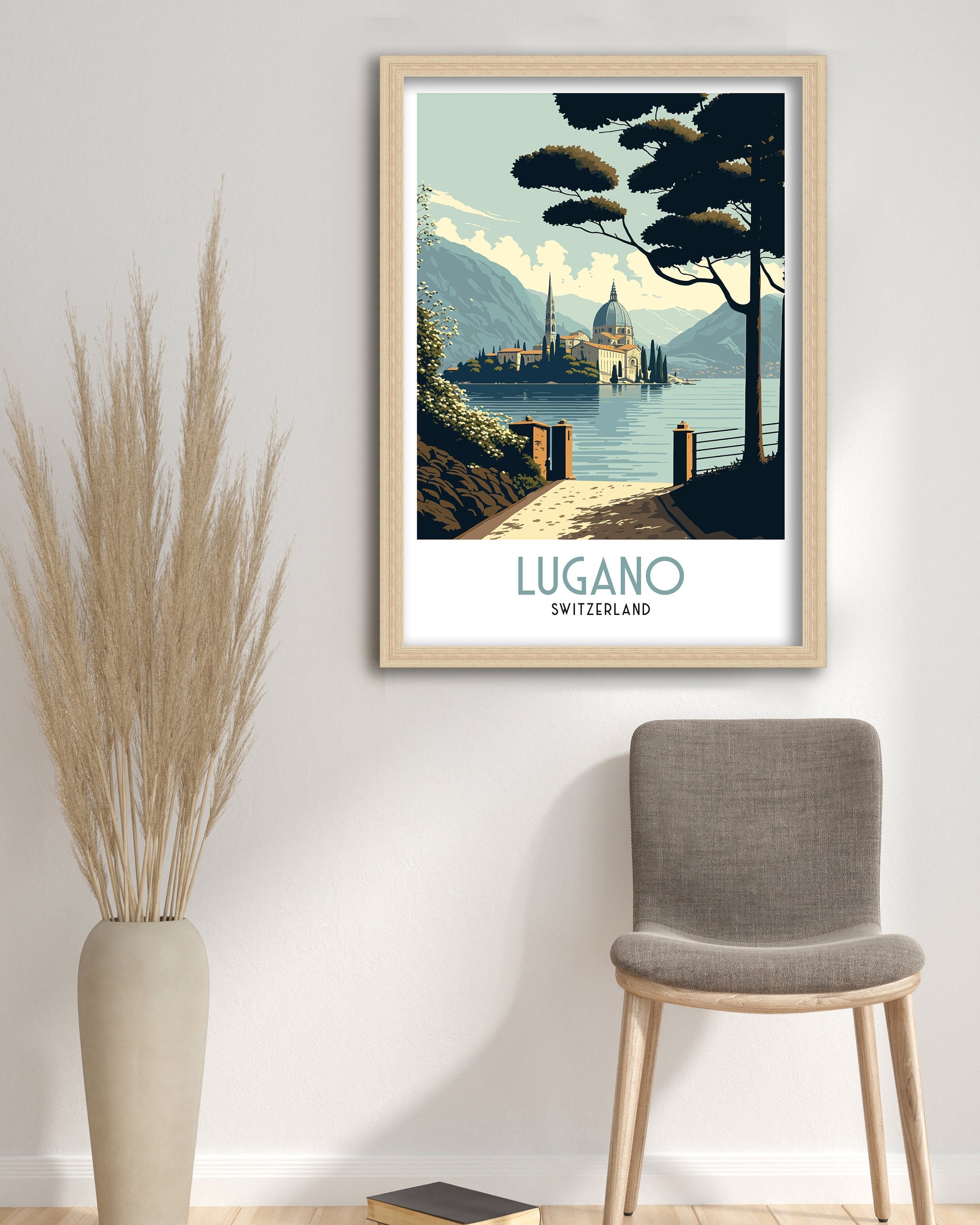 Lugano Switzerland Travel Poster | Swiss Alps Lake Art Print