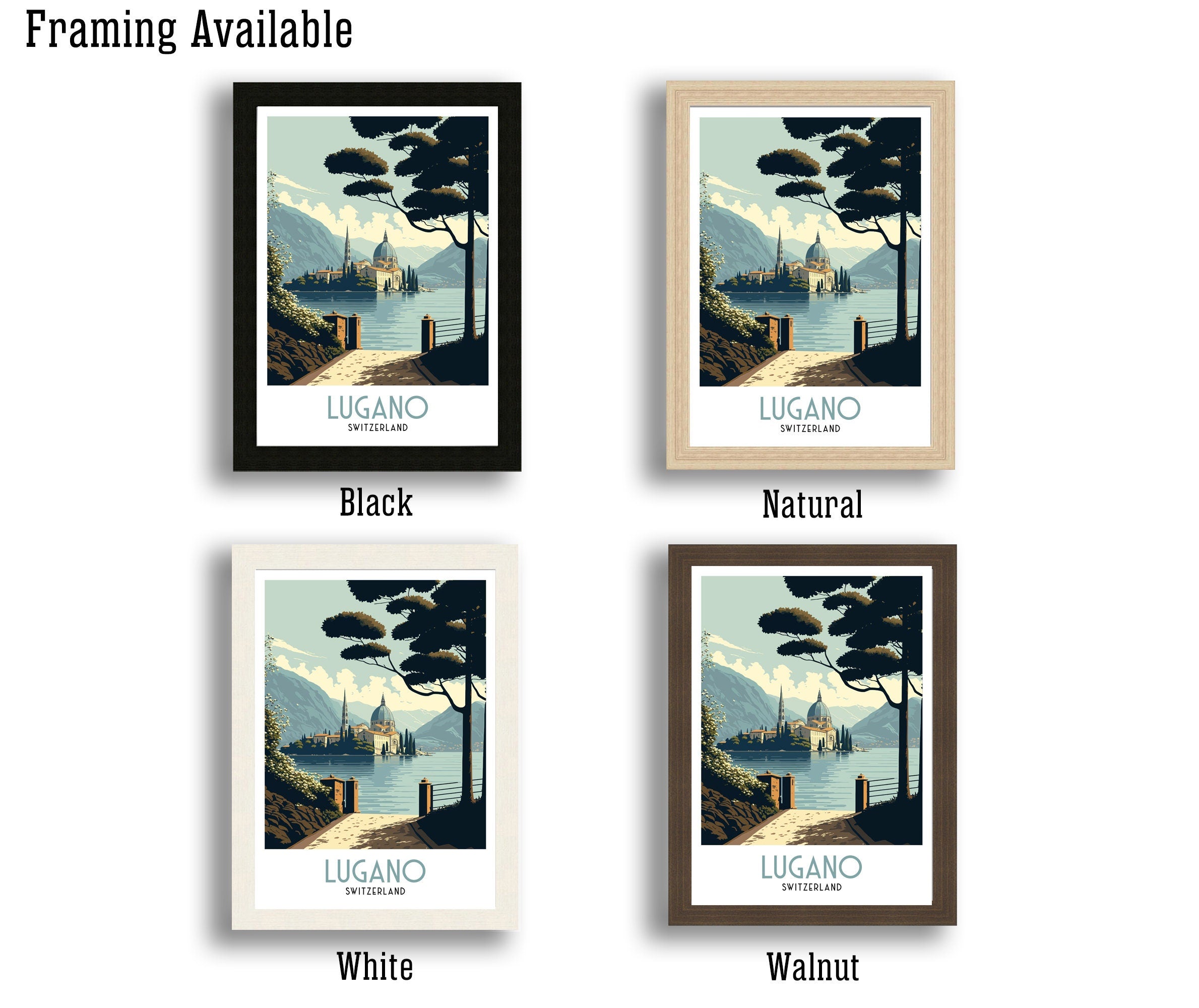 Lugano Switzerland Travel Poster | Swiss Alps Lake Art Print