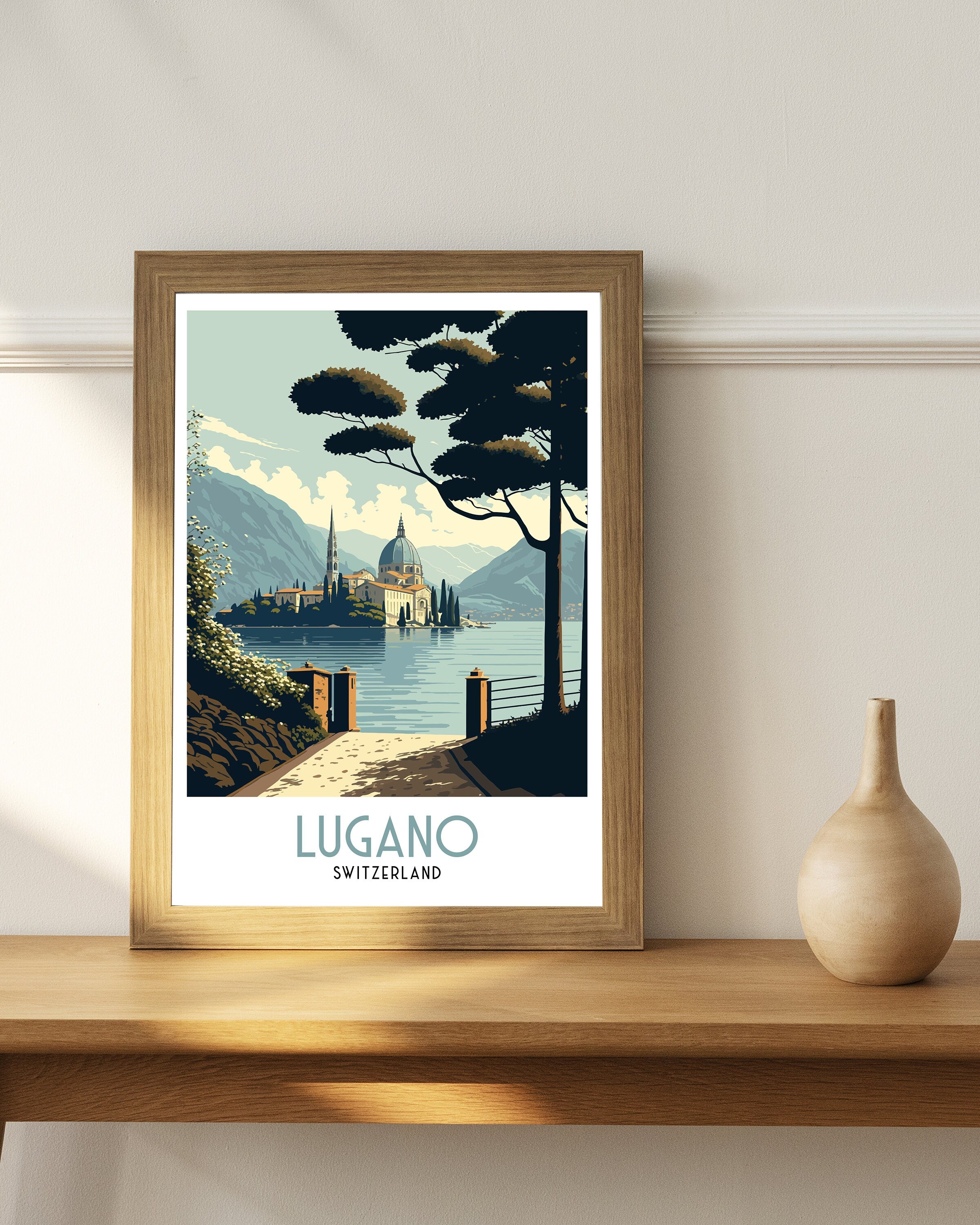Lugano Switzerland Travel Poster | Swiss Alps Lake Art Print