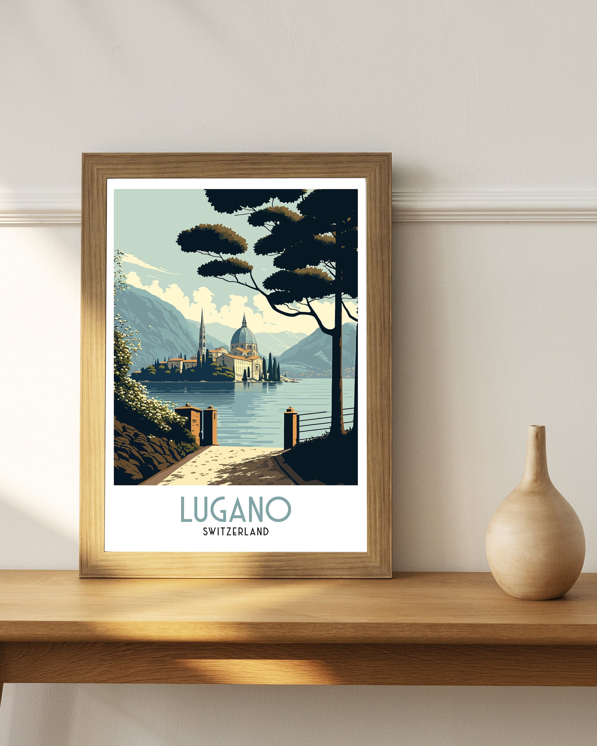 Lugano Switzerland Travel Poster | Swiss Alps Lake Art Print
