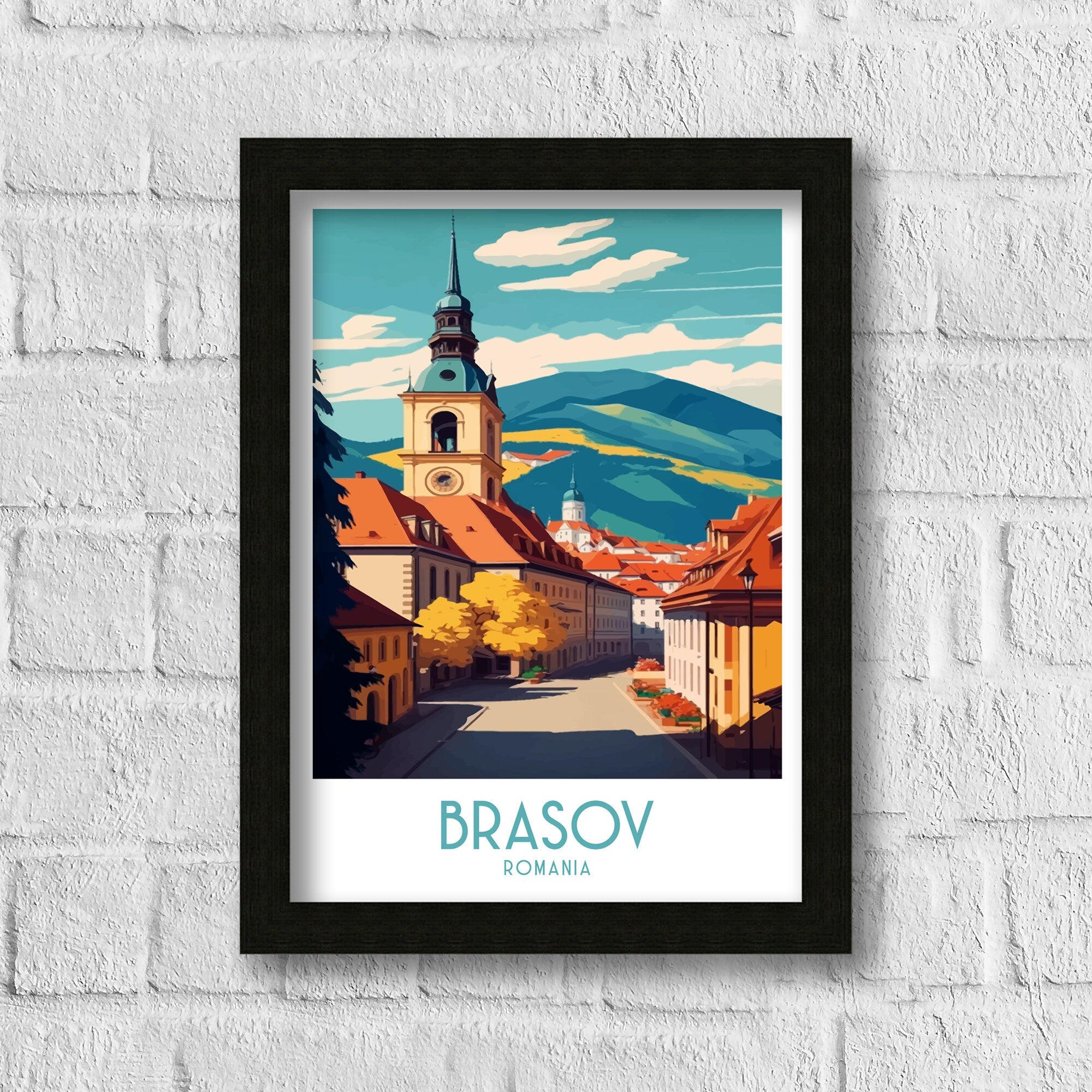 Brasov Romania Travel Poster | Panoramic City View Art Print