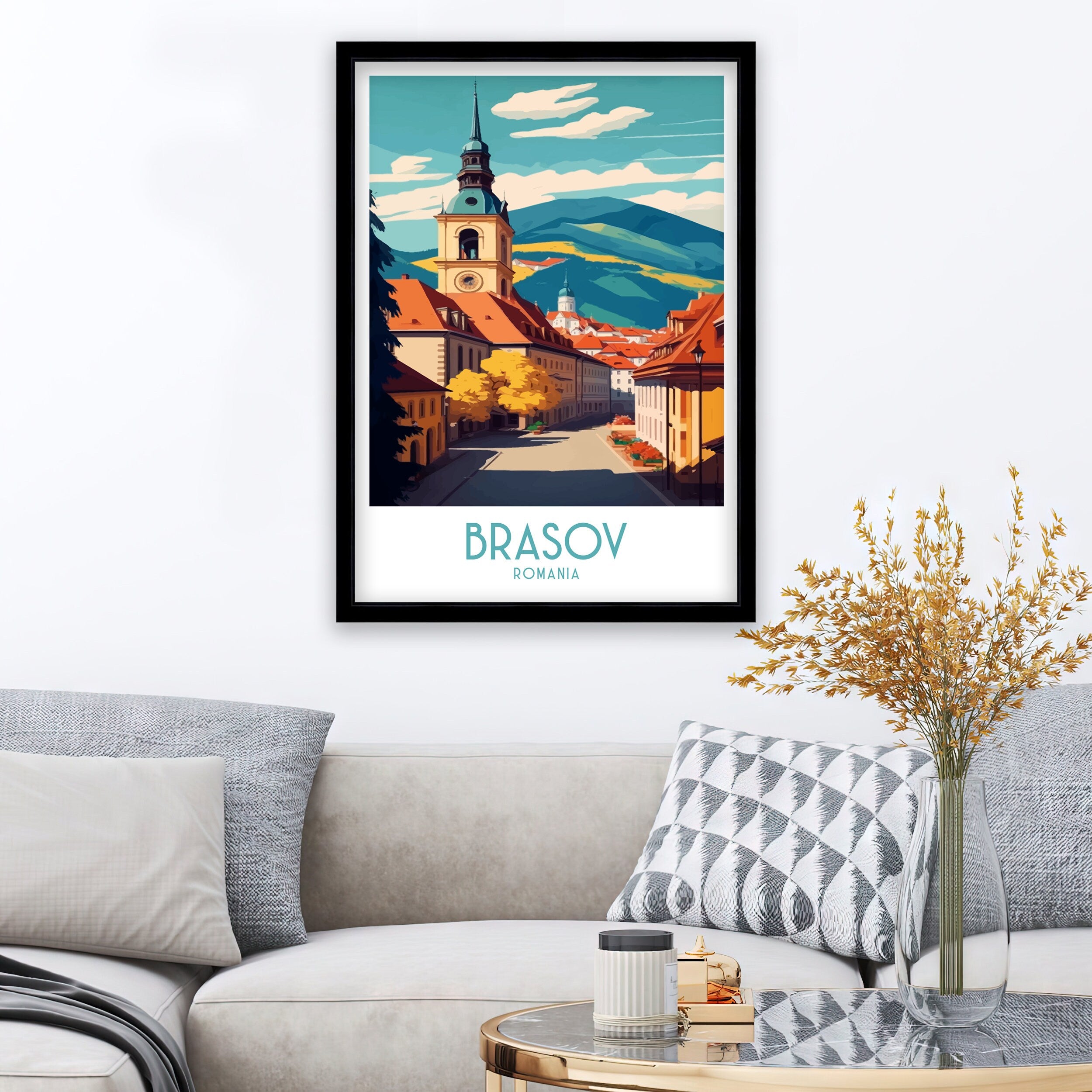 Brasov Romania Travel Poster | Panoramic City View Art Print