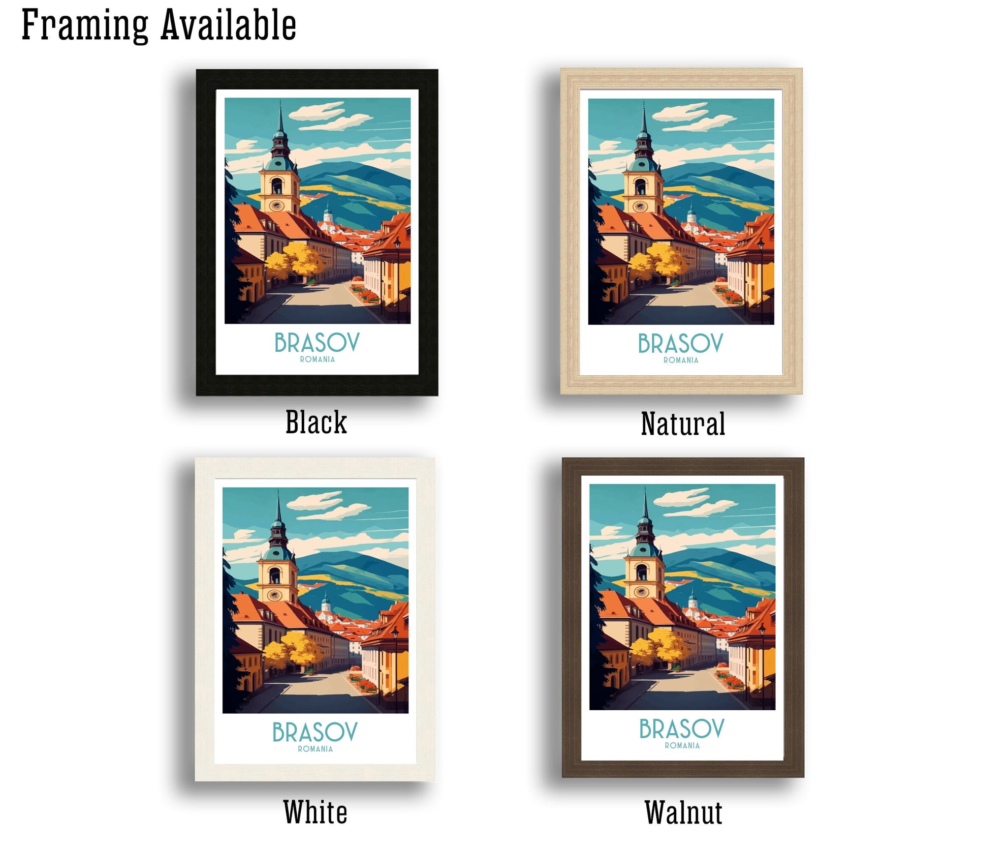 Brasov Romania Travel Poster | Panoramic City View Art Print