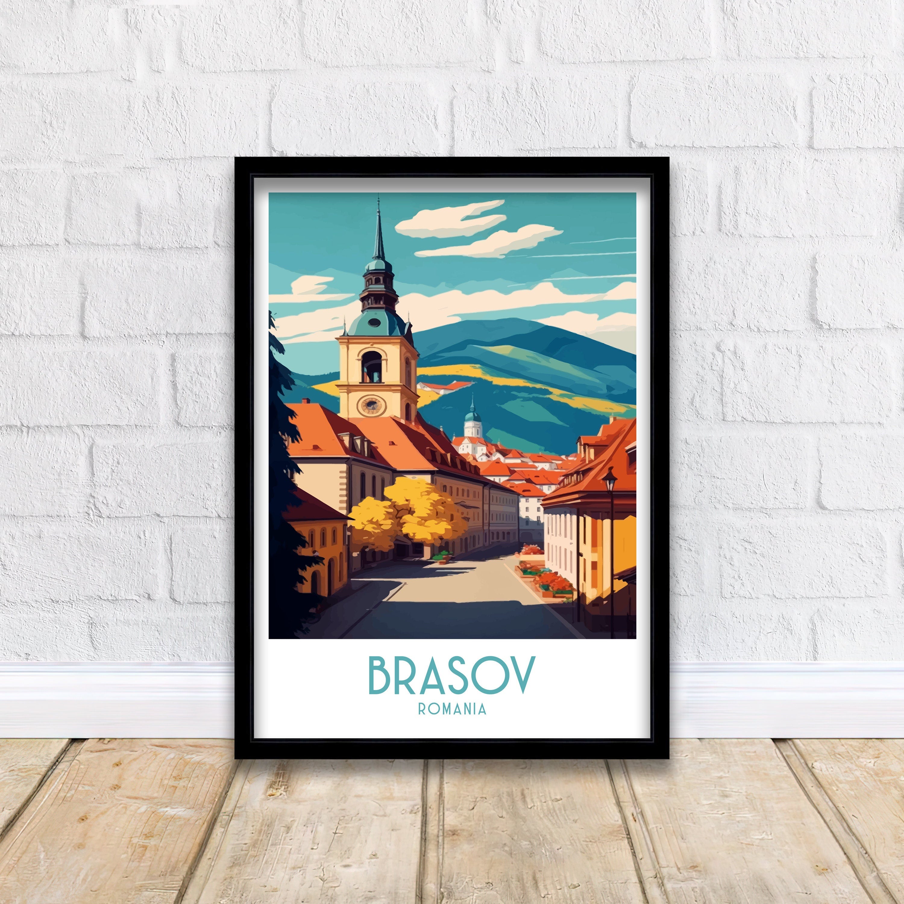 Brasov Romania Travel Poster | Panoramic City View Art Print