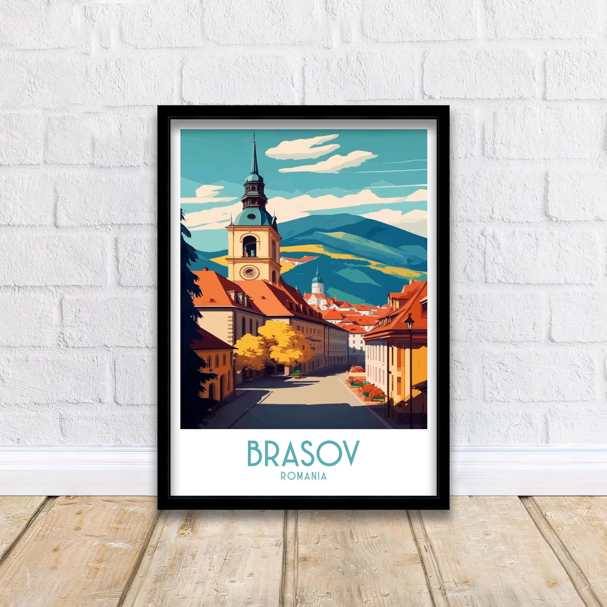 Brasov Romania Travel Poster | Panoramic City View Art Print
