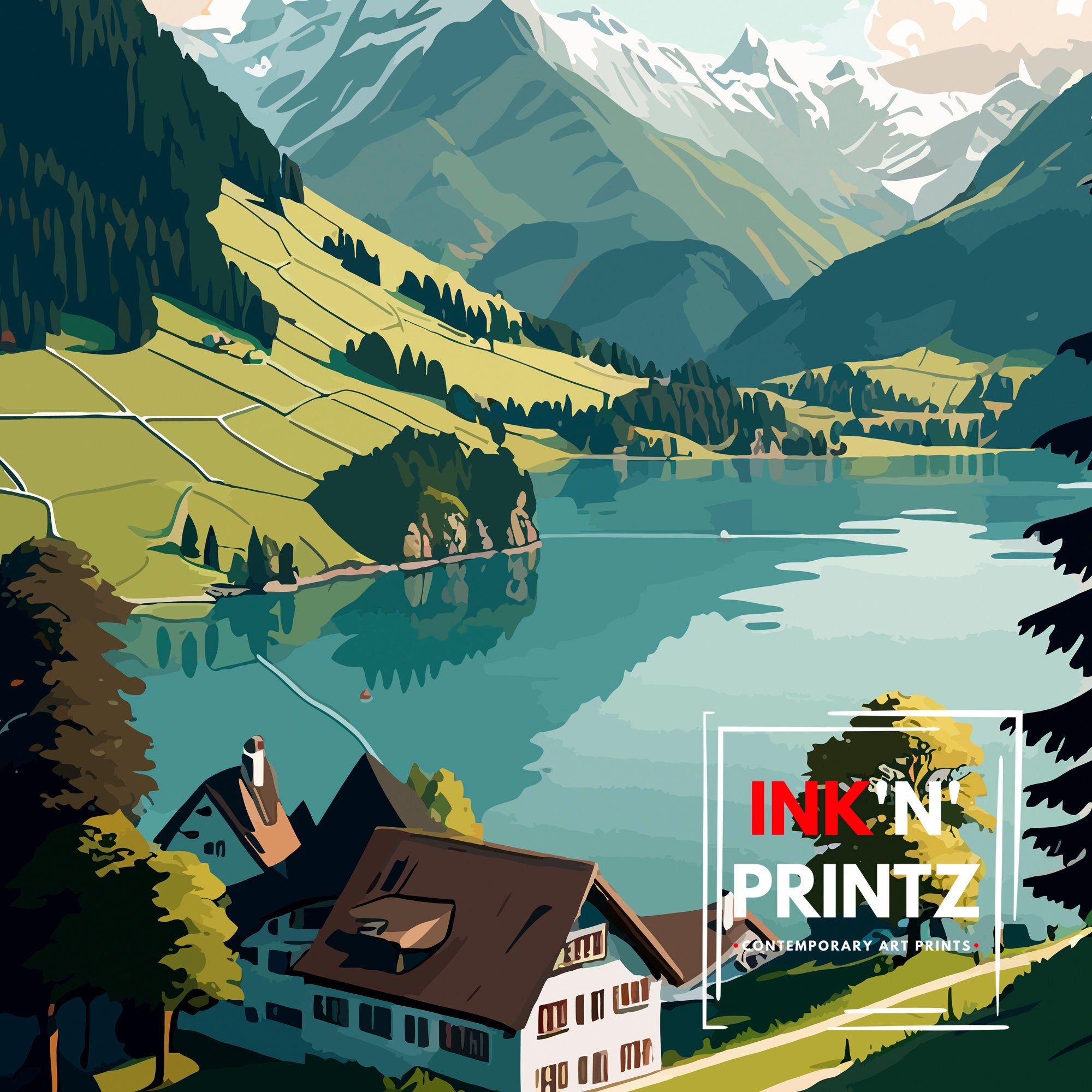 Lungern Switzerland Travel Poster, Swiss Alps Art Print