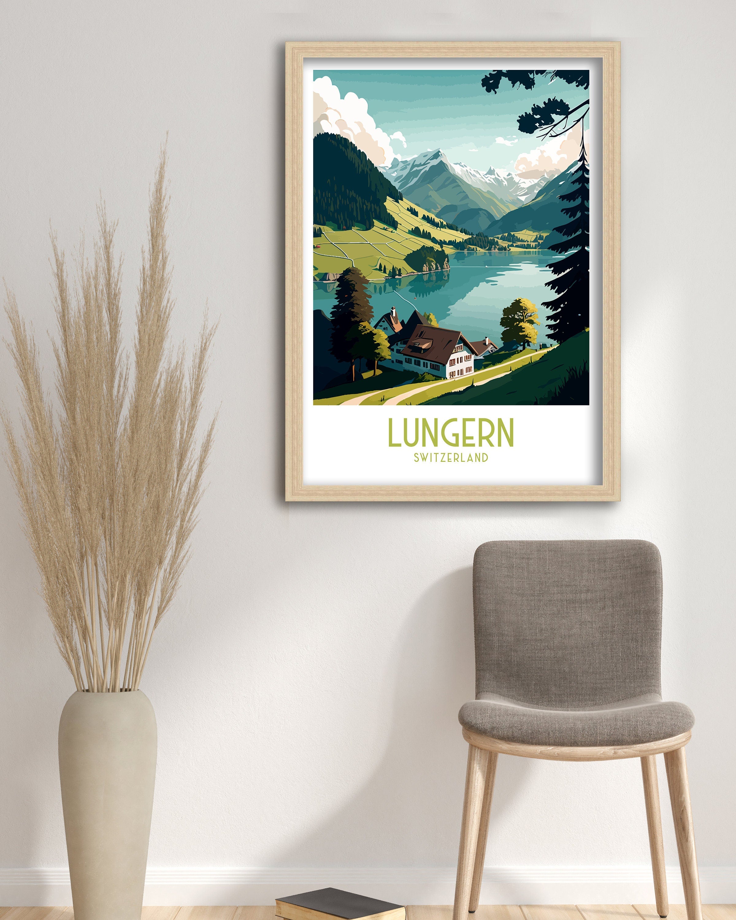 Lungern Switzerland Travel Poster, Swiss Alps Art Print