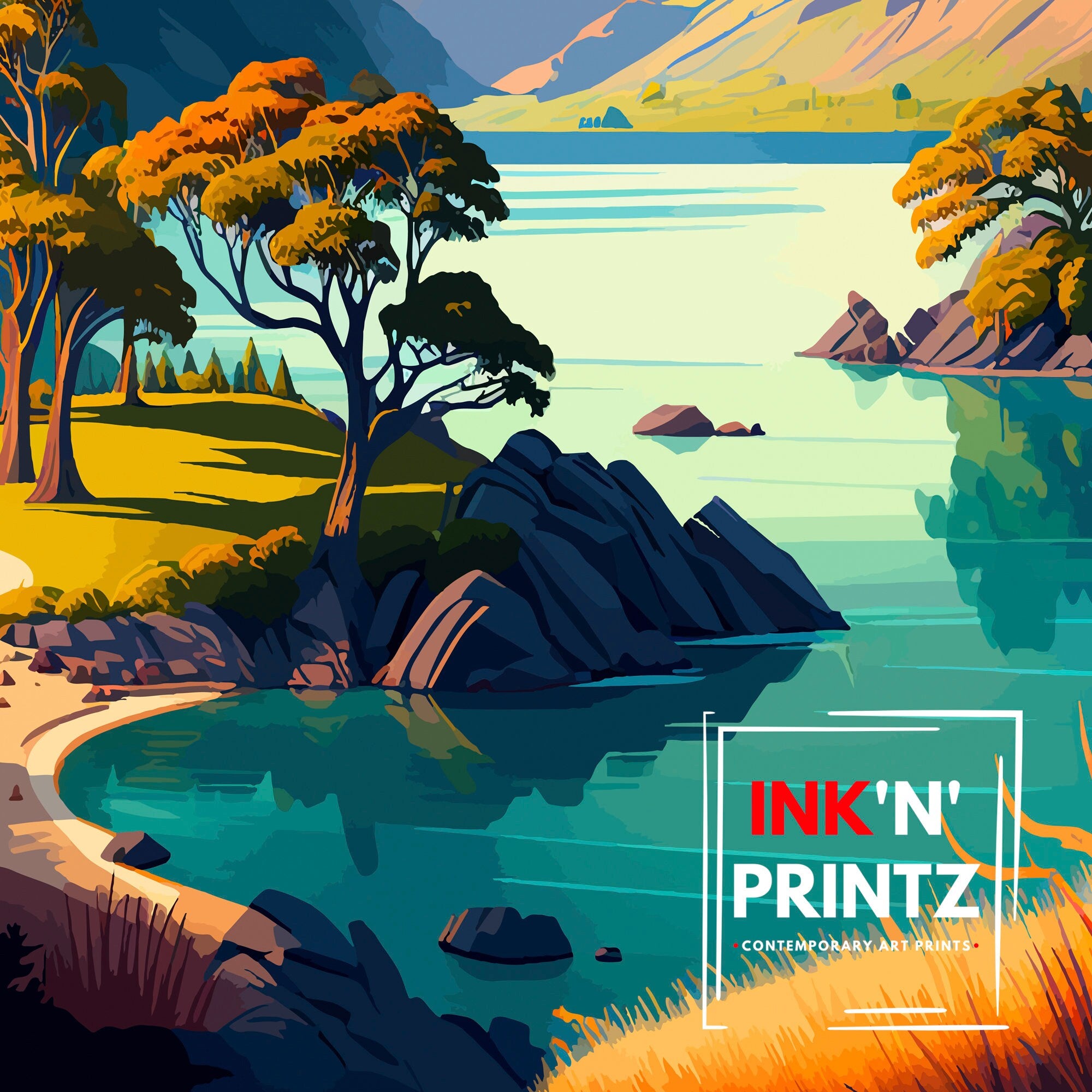 Wanaka New Zealand Travel Poster, Lake Illustration