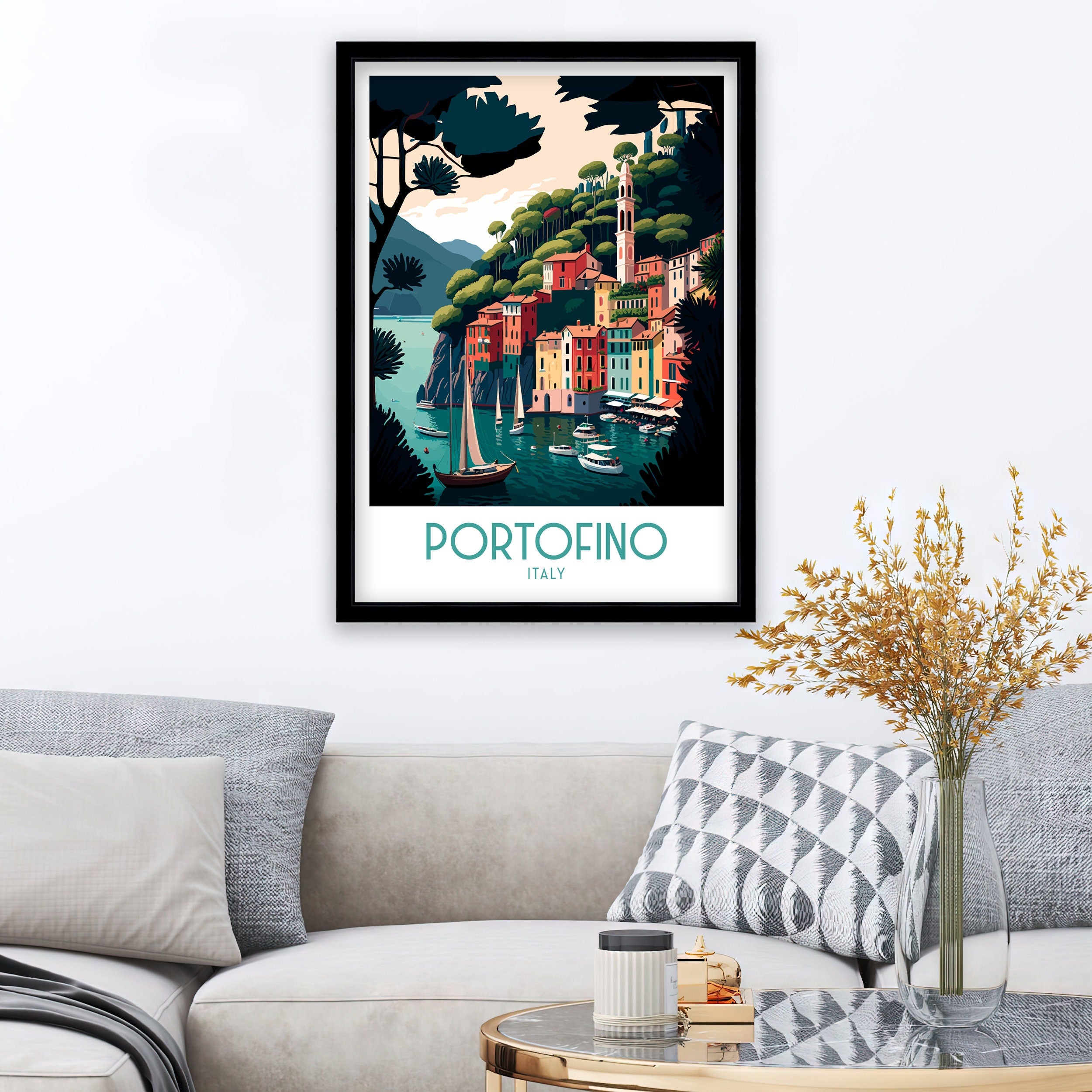Portofino Italy Travel Print, Coastal Village Wall Decor