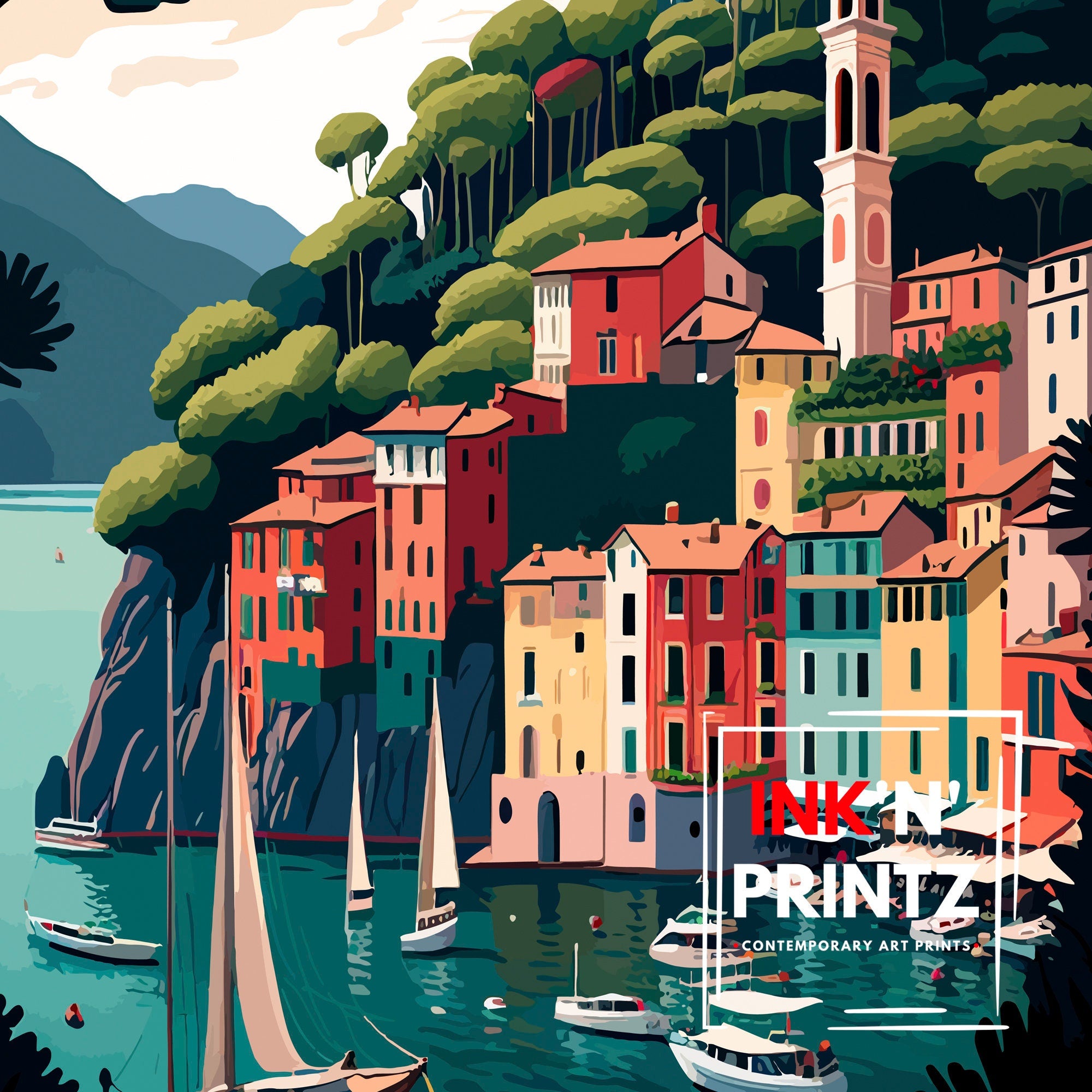 Portofino Italy Travel Print, Coastal Village Wall Decor