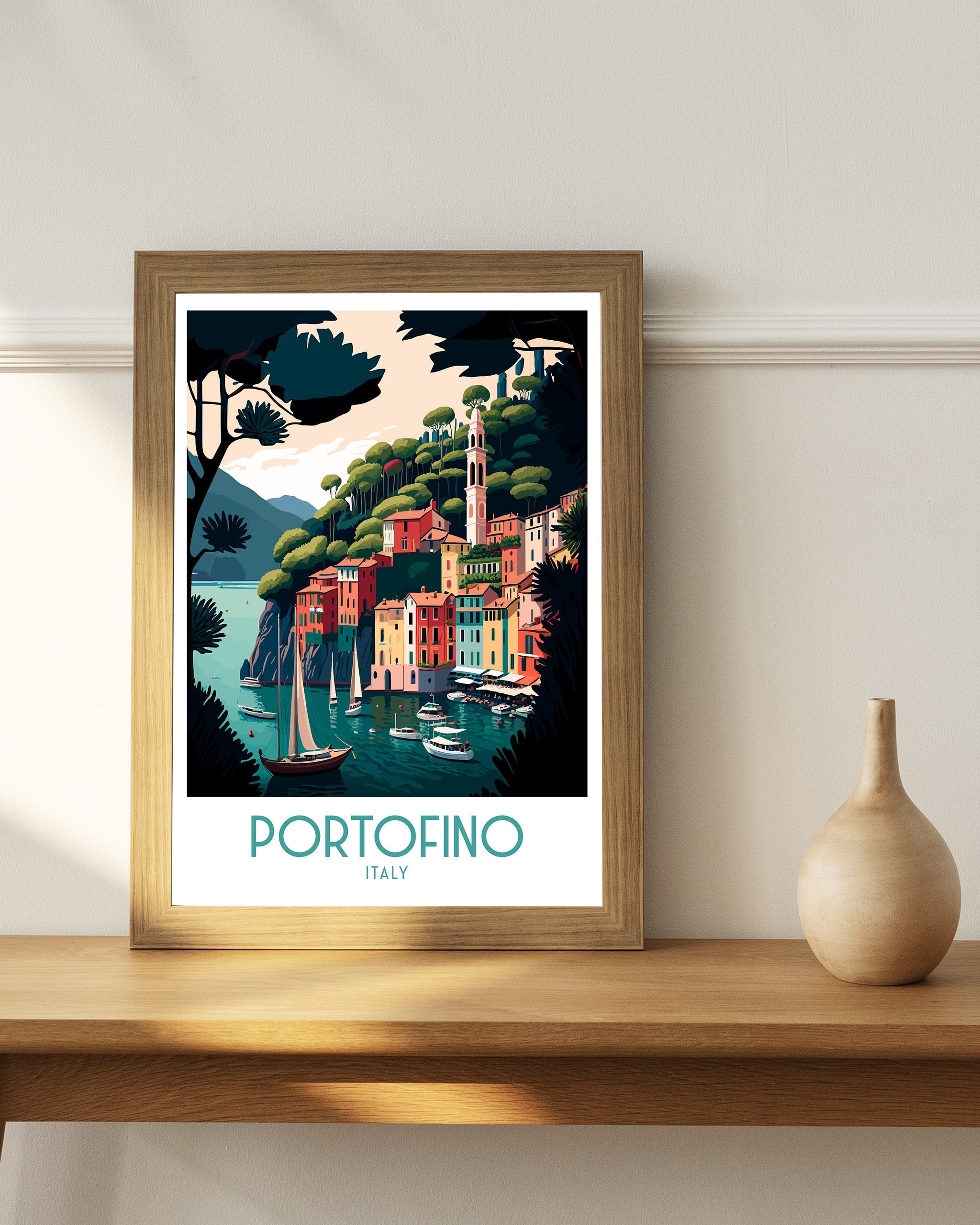 Portofino Italy Travel Print, Coastal Village Wall Decor