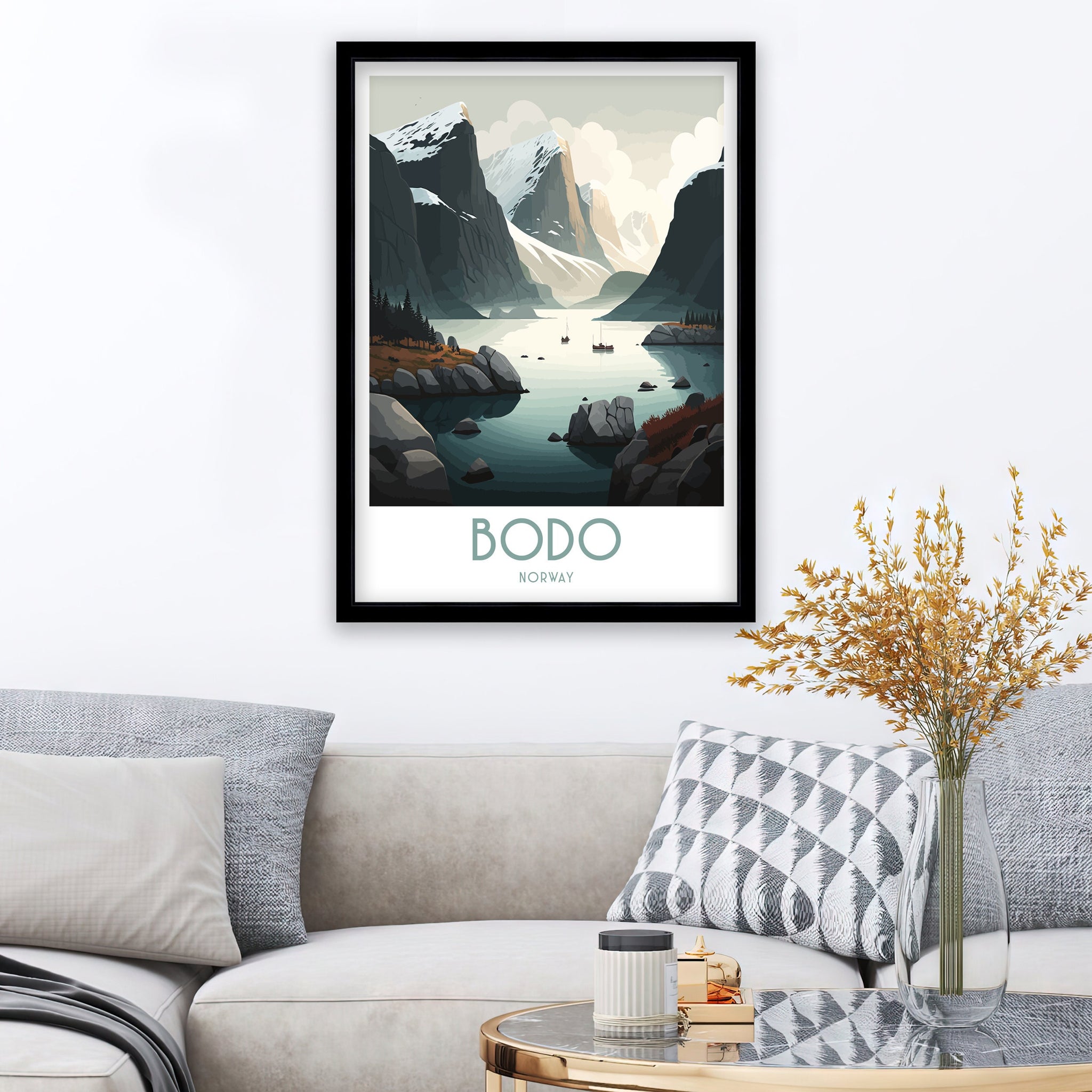 Bodo Norway Print, Coastal Mountain Landscape Travel Poster