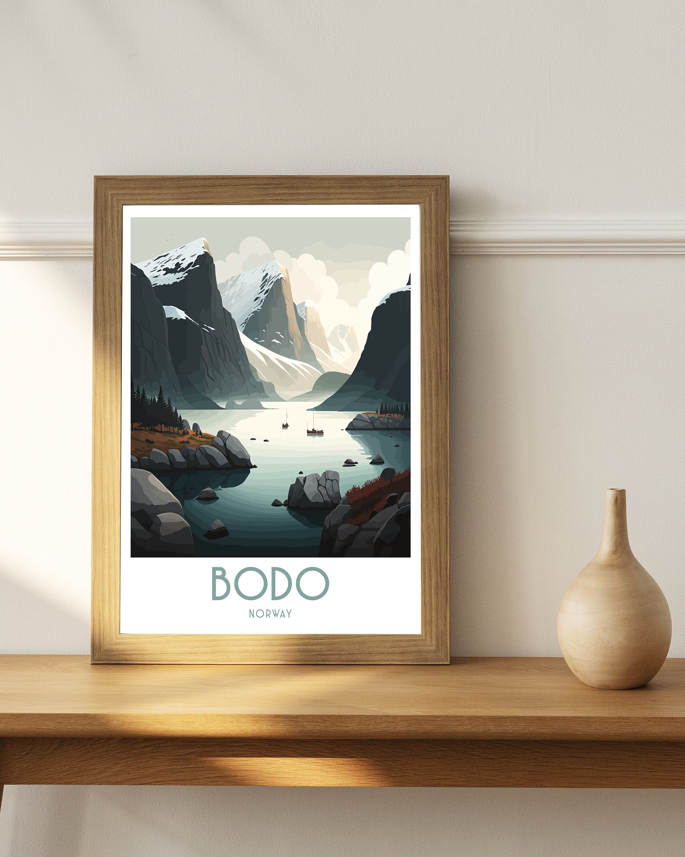 Bodo Norway Print, Coastal Mountain Landscape Travel Poster