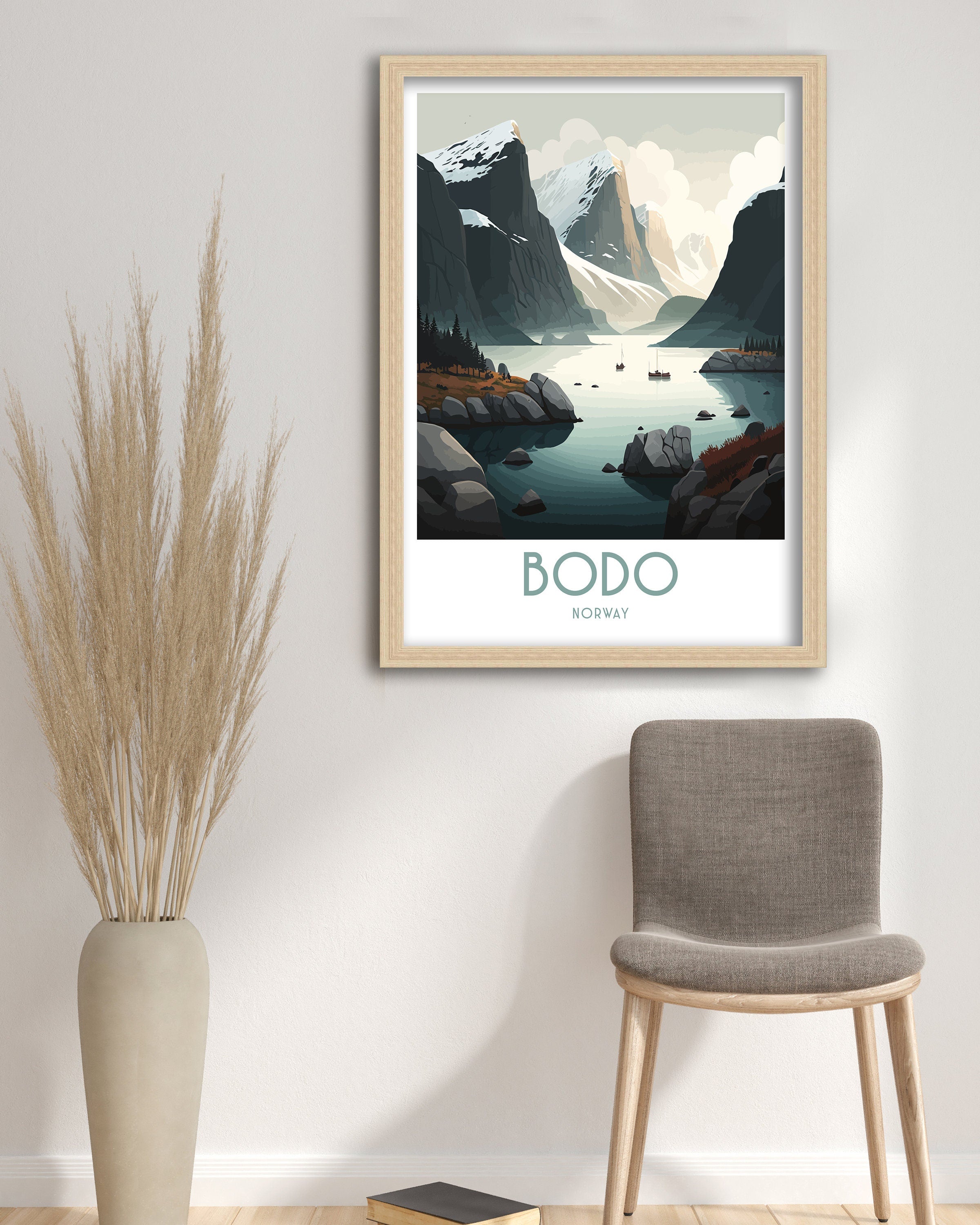 Bodo Norway Print, Coastal Mountain Landscape Travel Poster