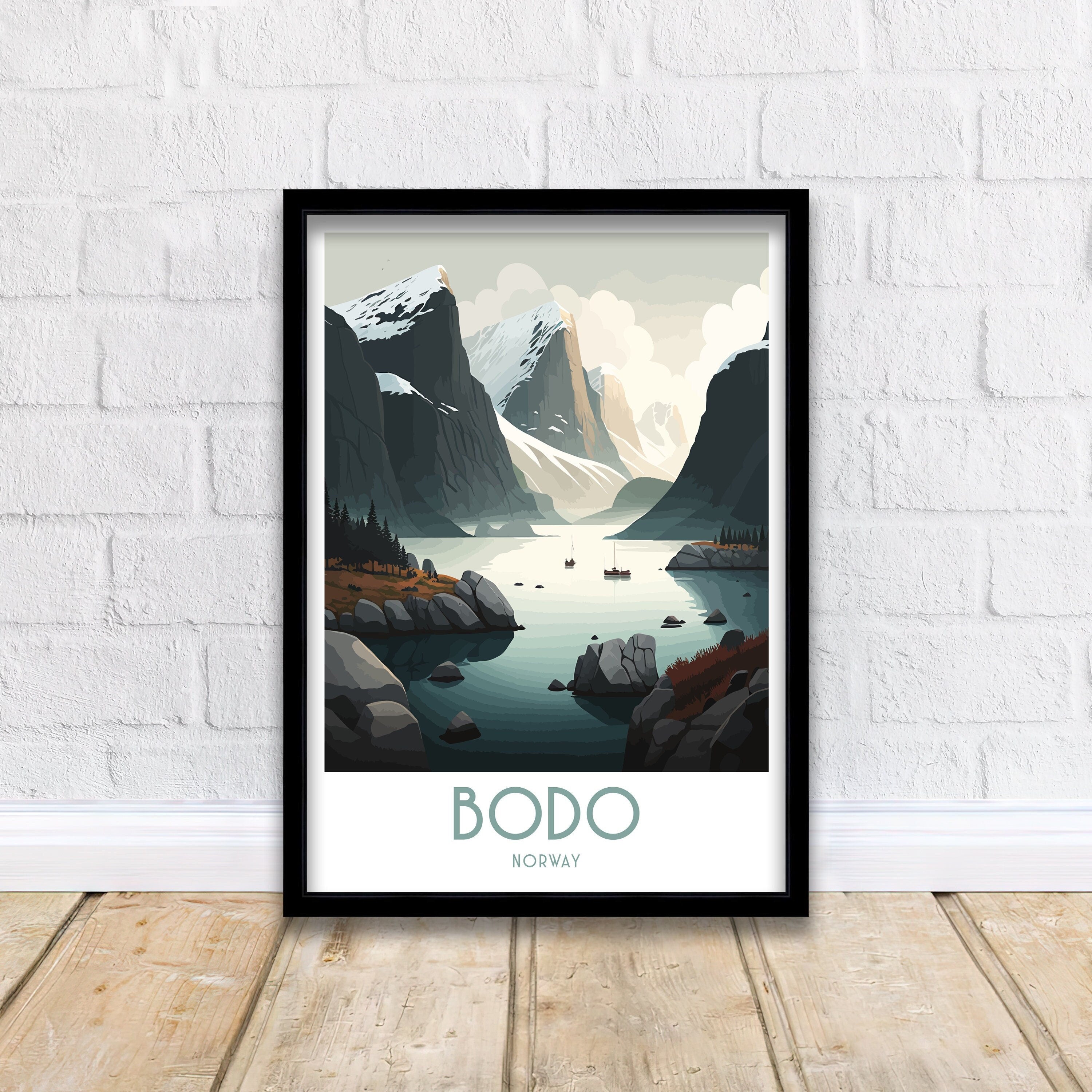 Bodo Norway Print, Coastal Mountain Landscape Travel Poster