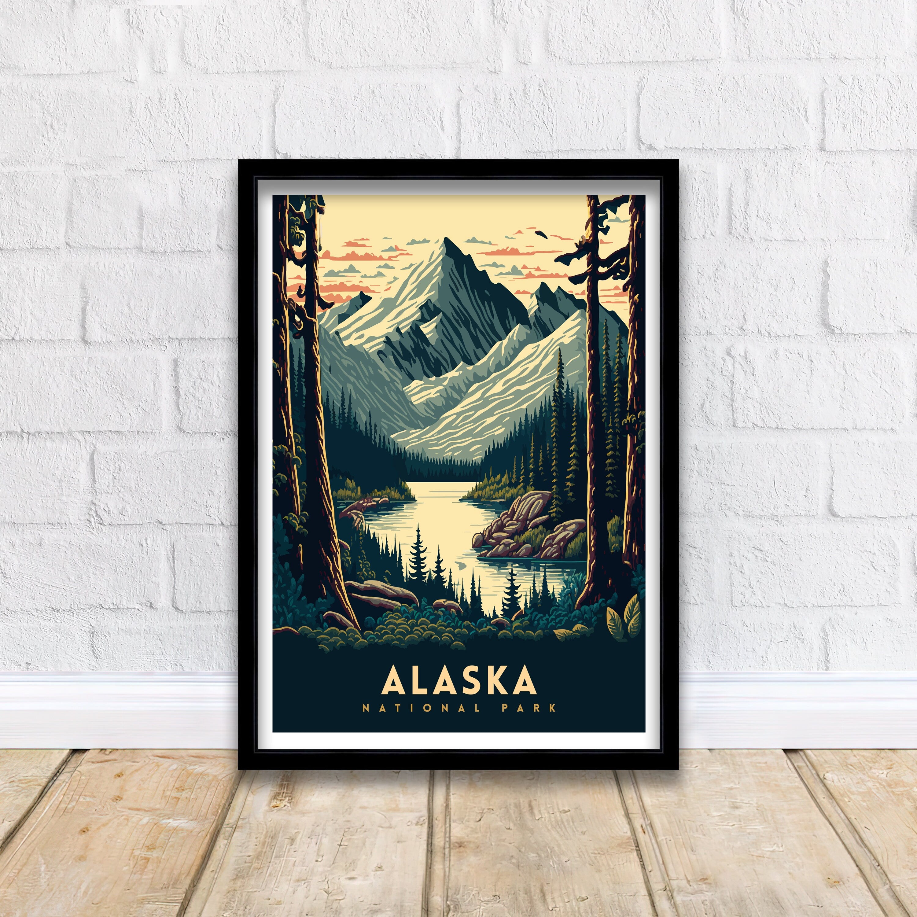 Alaska National Park Travel Poster | Mountain Lake Art Print