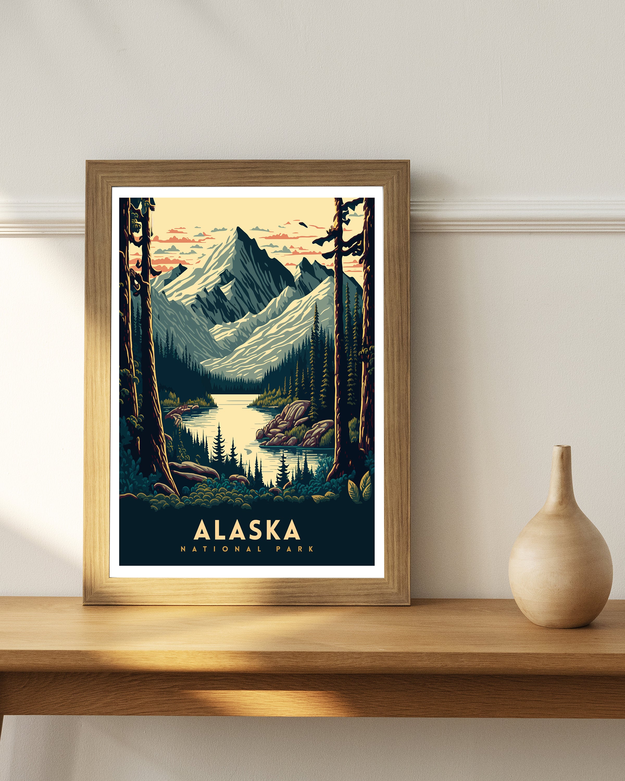 Alaska National Park Travel Poster | Mountain Lake Art Print