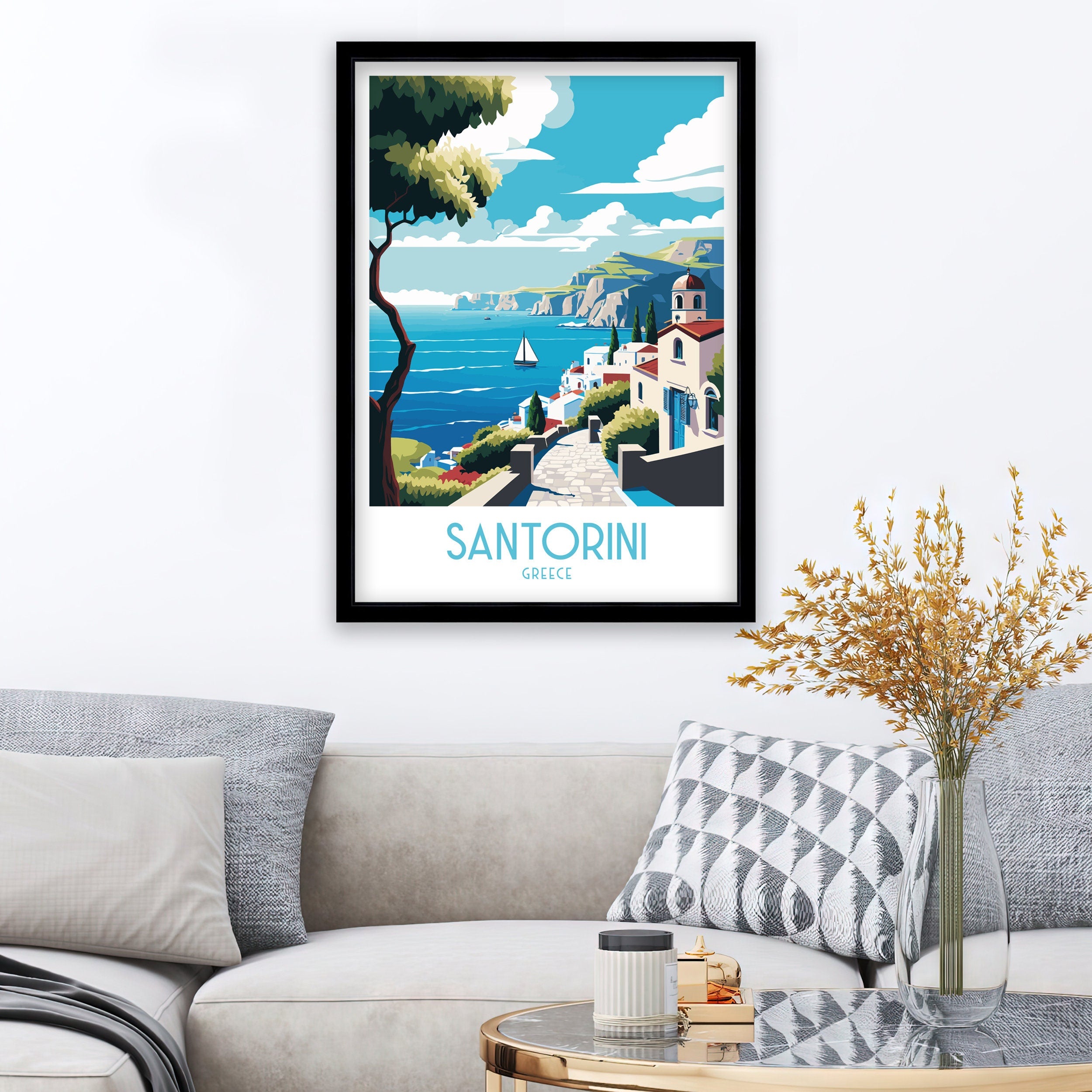 Santorini Greece Travel Poster, Mediterranean Art Print