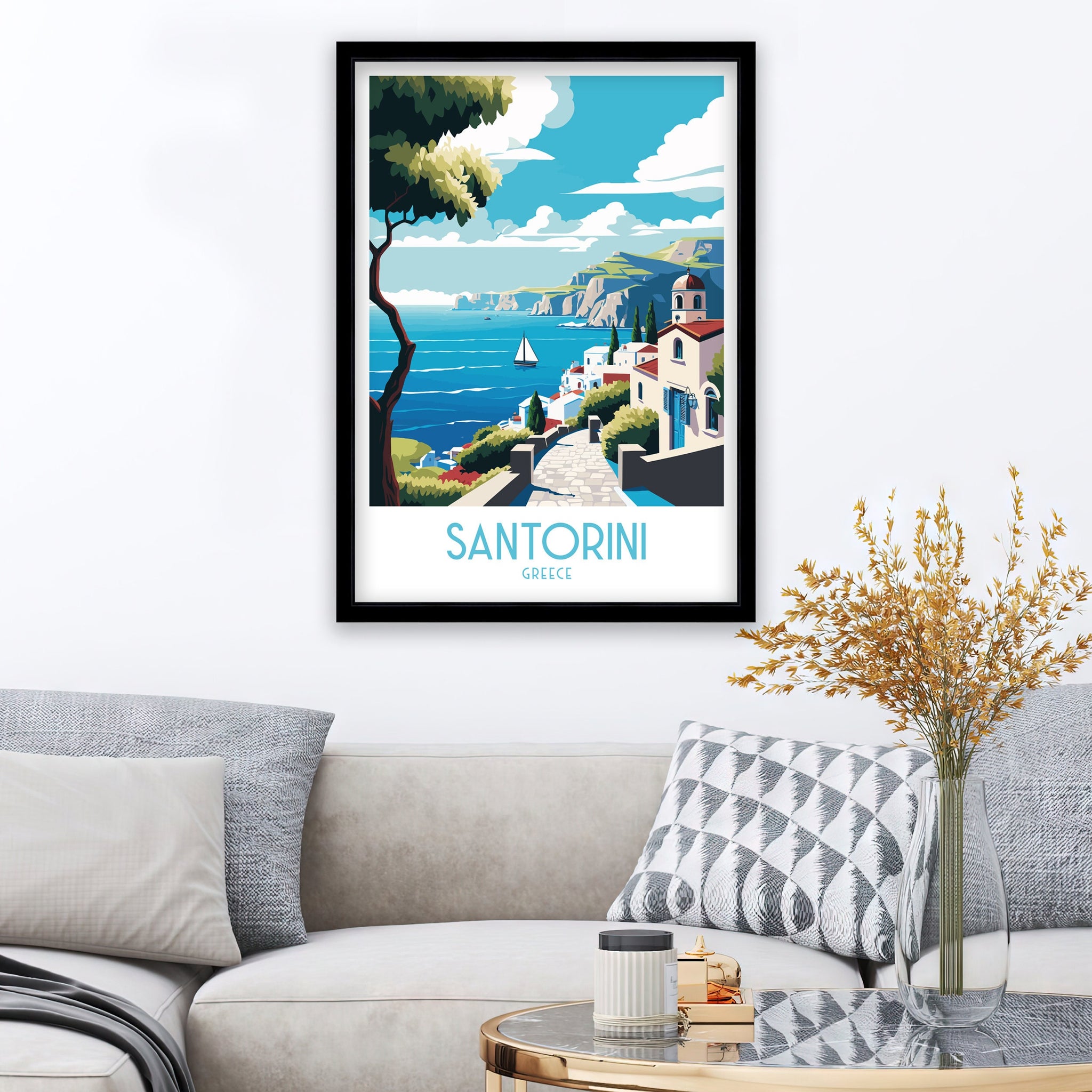 Santorini Greece Travel Poster, Mediterranean Art Print