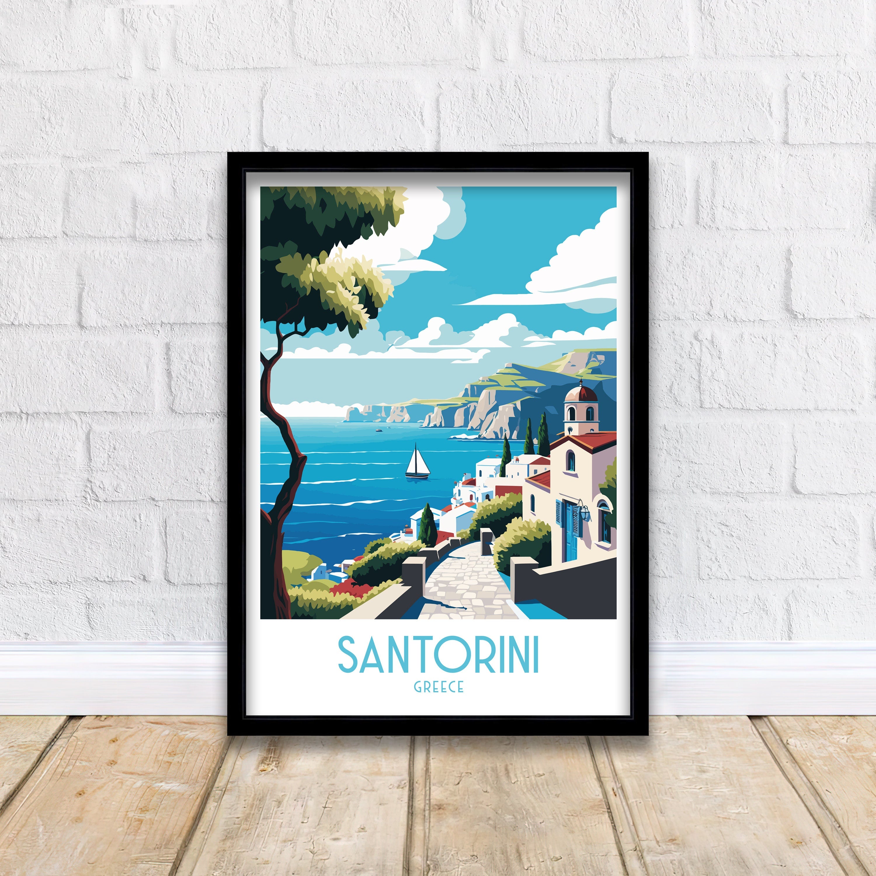 Santorini Greece Travel Poster, Mediterranean Art Print